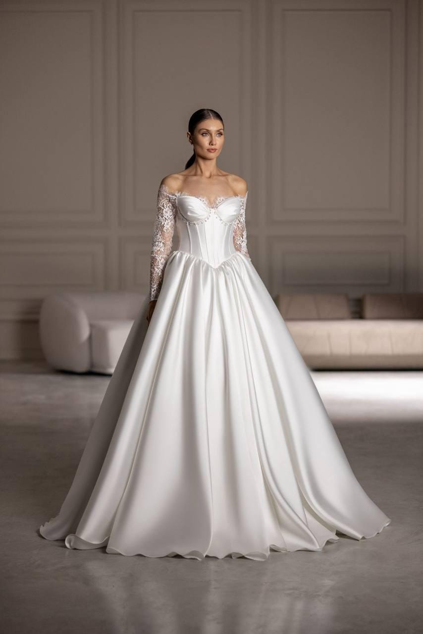 Princess Mikado Bridal Gown, Basque Waist Wedding Dress, Trendy Chic W Tesoro Si NYC Princess Mikado Bridal Gown, Basque Waist Wedding Dress, Trendy Chic W Tesoro Si NYC