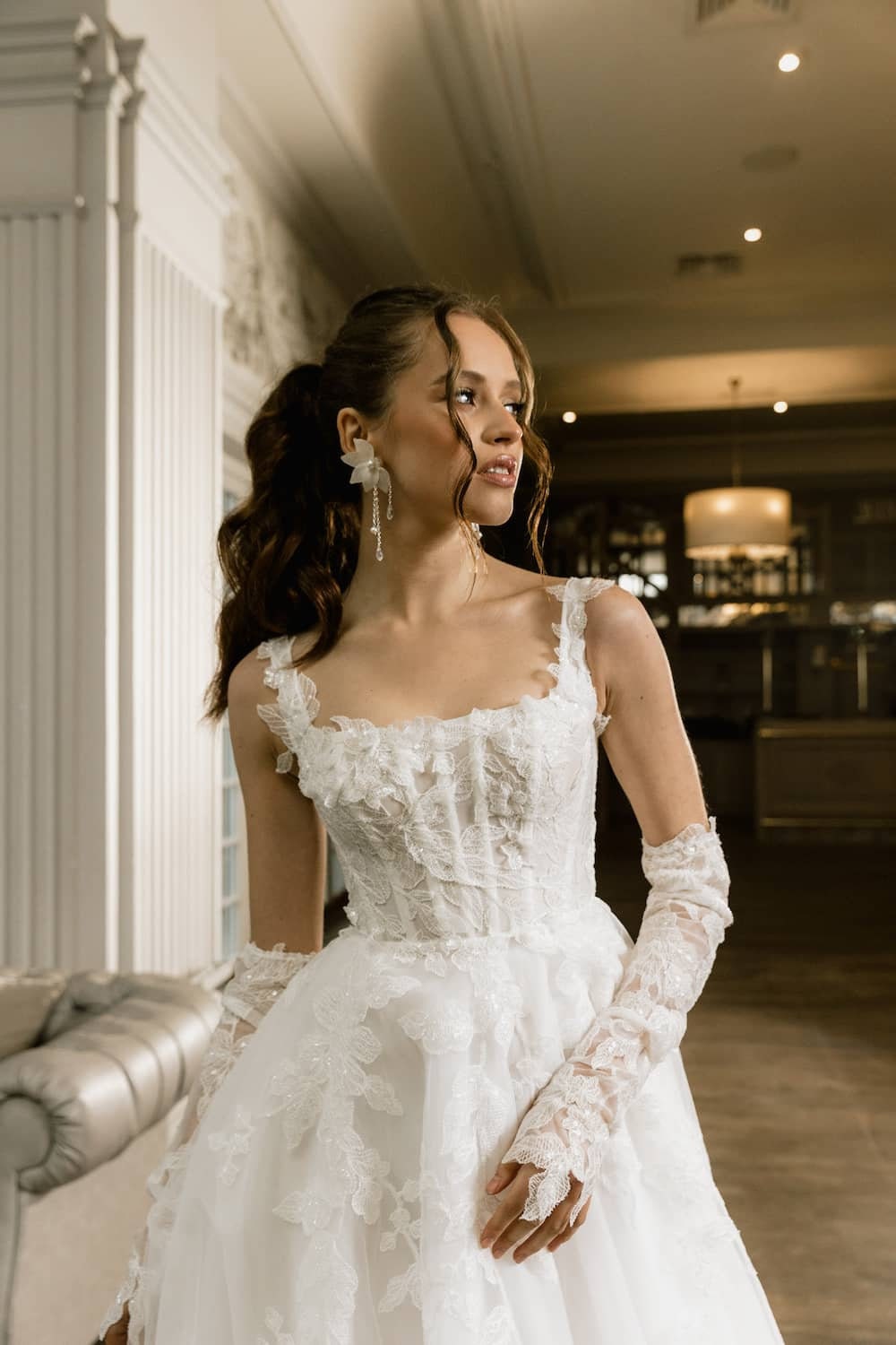 A Delicate A-line, Wedding Gown, Floral Tulle Skirt, Square Neckline, Tesoro Si NYC A Delicate A-line, Wedding Gown, Floral Tulle Skirt, Square Neckline, Tesoro Si NYC