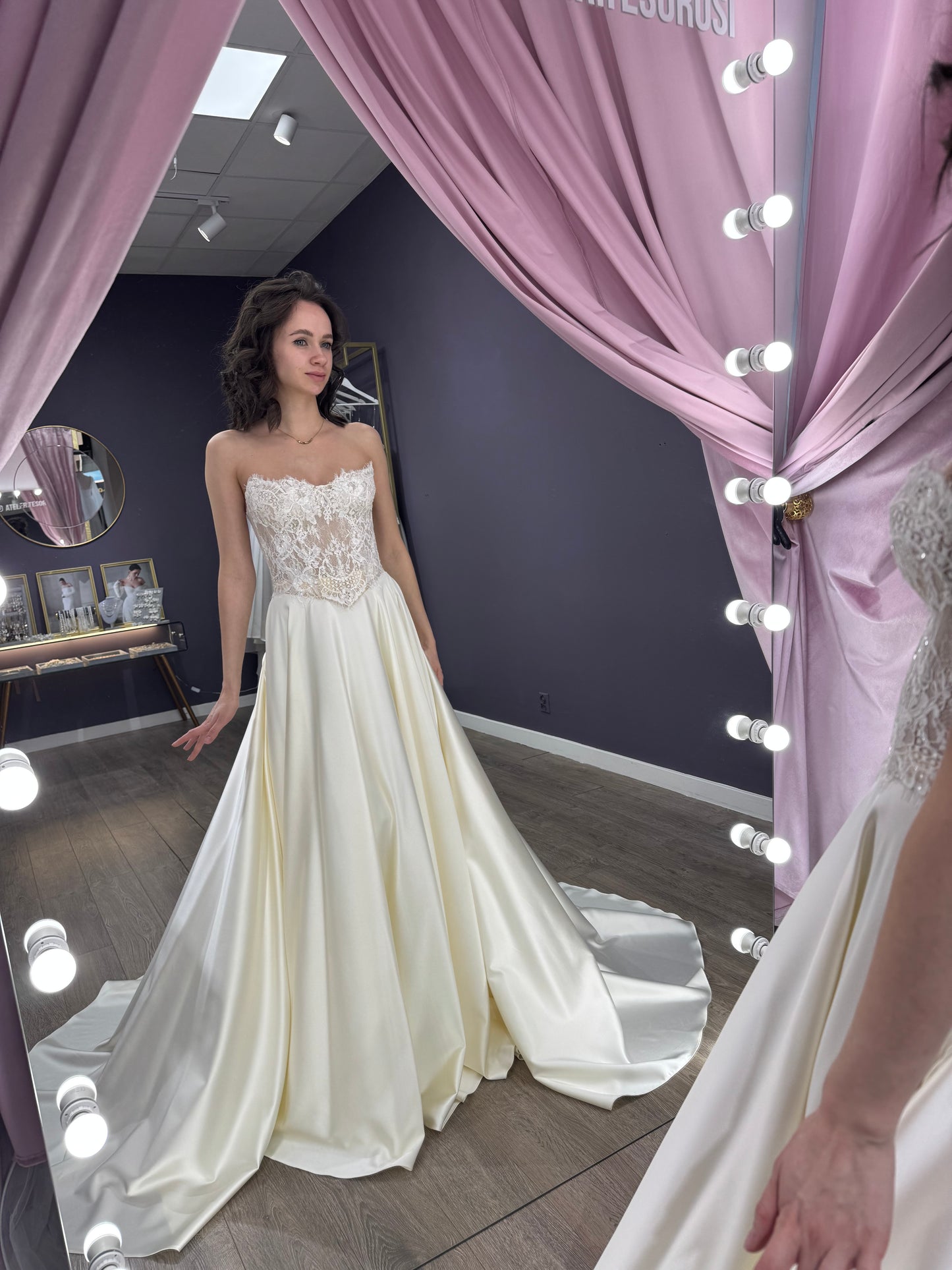 Delicate Lace Corset Bridal Gown, Bridal Two-Piece Set, Chic Silk Satin Bridal Gown, Lace Sleeves Bridal