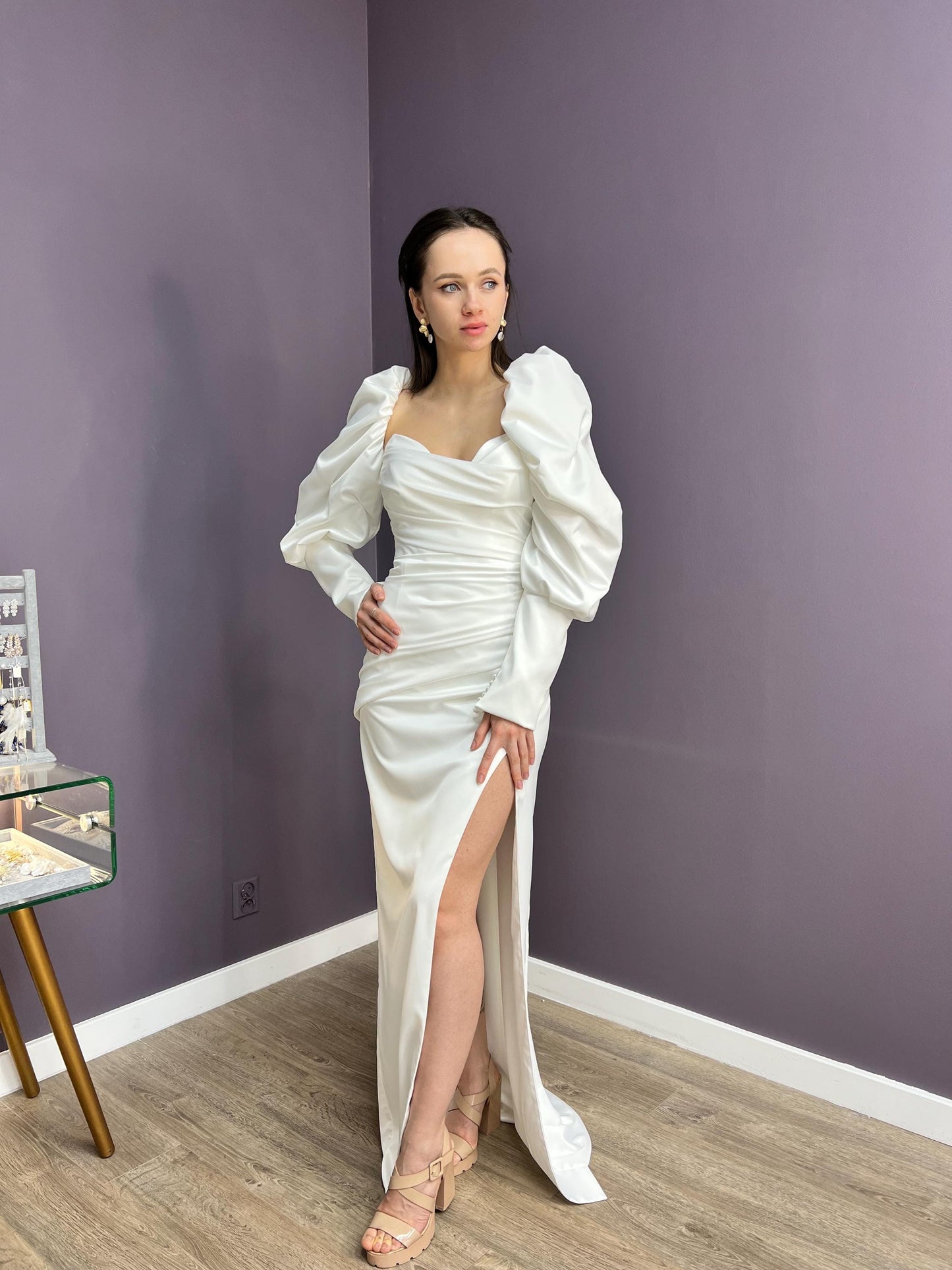 Elegant Classic Satin Wedding Dress with Long Train, Modern Satin Strapless Off Shoulder Bridal Gown, Leg Slit and Detachable Long Sleeves