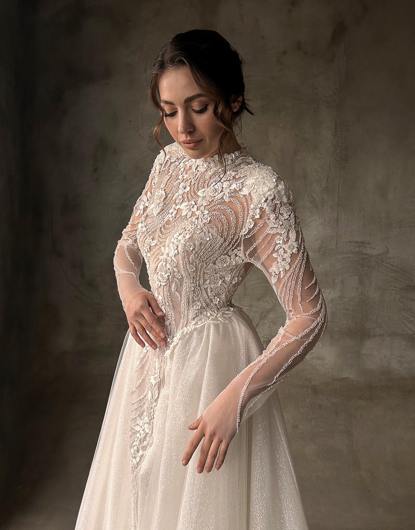 Dramatic Luxurious Shimmer Bridal Gown, Lace Elegant Bohemian Wedding Dres, Sleek Graceful Bridal Dress, Long Sleeve Drama Wedding Dress