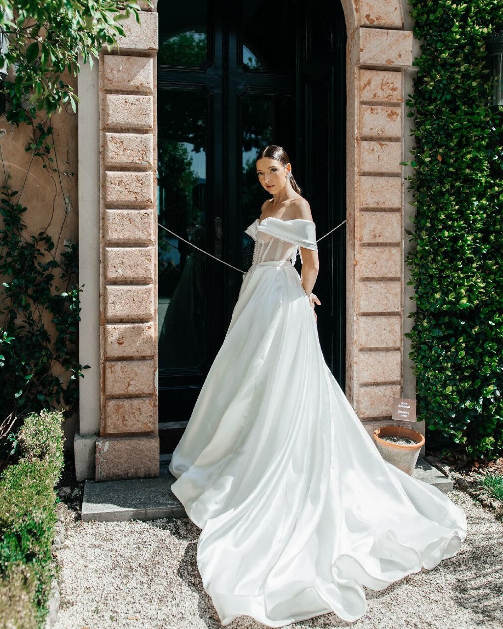 A-line Off Shoulder Wedding Dreess, Satin Wedding Dress, Corset Wedding Dress, Luxury Fairytale Wedding Dress, Shimmery Bridal Gown