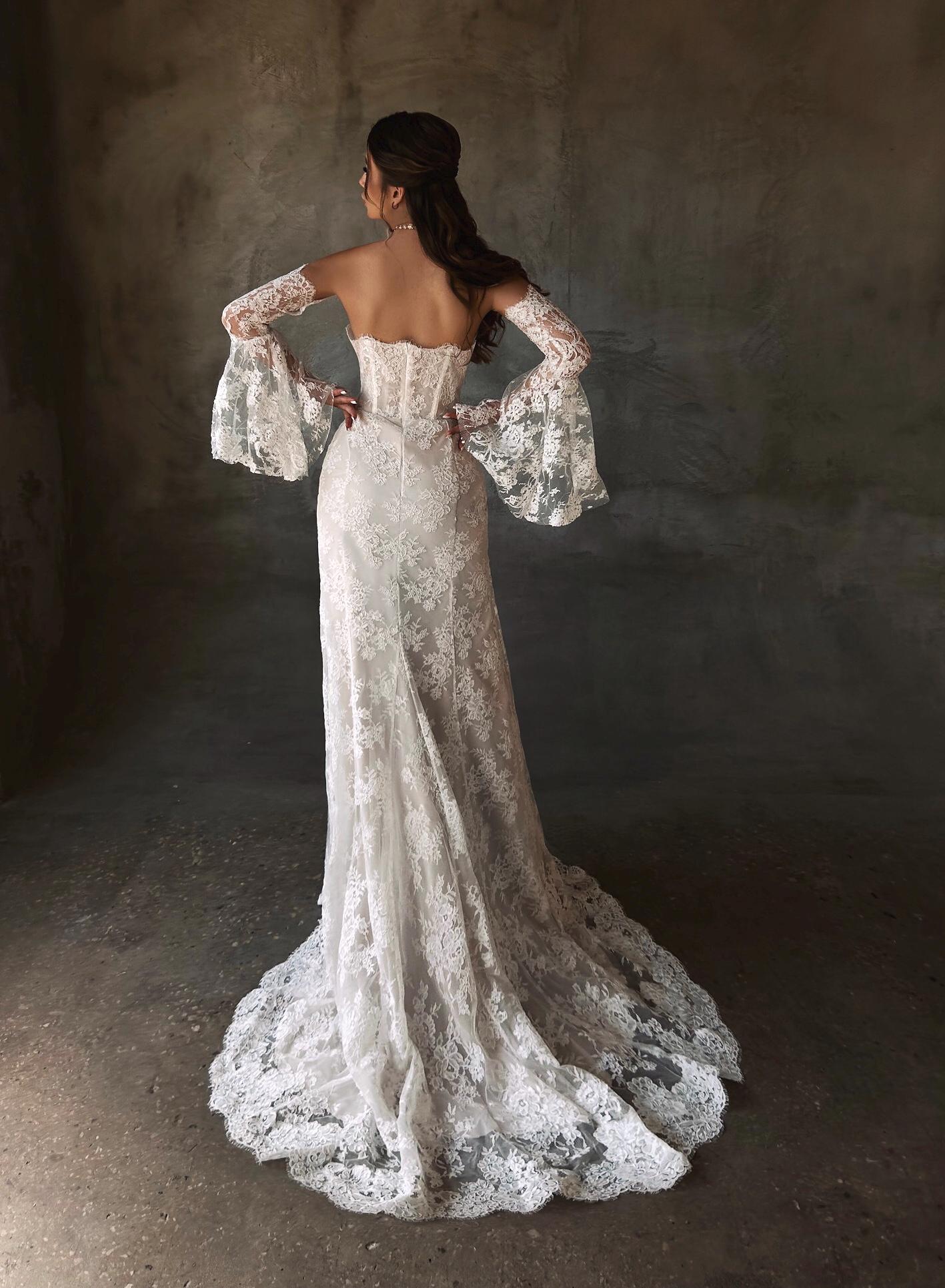 Lace Mermaid Wedding Gown, Sweetheart Lace Boned Corset Wedding Dress, Off Shoulder Floral Lace Wedding Dress, Long Lace Sleeves Bridal Gown