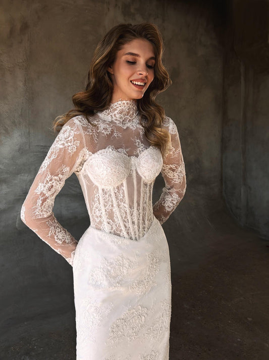 Lace Open Back Mermaid Wedding Gown, Sweetheart Boned Corset Wedding Dress, Drop Waist Long Lace Sleeves Bridal Gown, Removable Lace Bolero