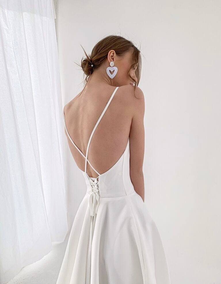 Modern Satin A-Line Wedding Dress, Spaghetti Straps, Open Back Wedding Dress, Modern Romantic Wedding Dress, Elegant Wedding Dress