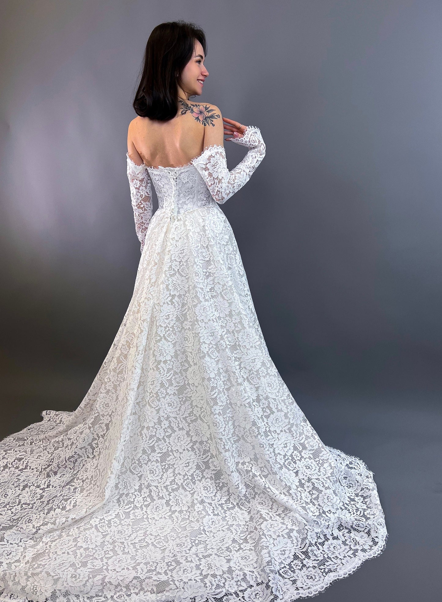 Off the Shoulder Lace A-Line Wedding Dress, All Floral Lace Wedding Dress, Fairytale Romantic Bridal Lace Gown, Long Lace Sleeves Bridal