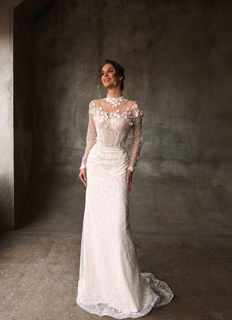 Lace Open Back Mermaid Floral Wedding Gown, Sweetheart Lace Corset Wedding Dress, Drop Waist Long Lace Sleeves Bridal Gown