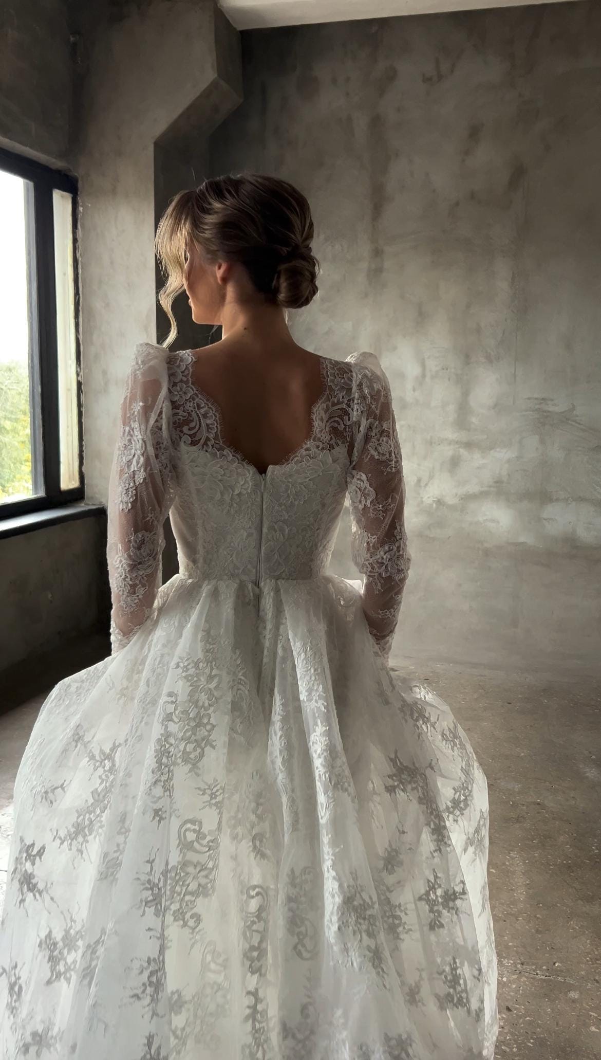 Lace A- Line Wedding Gown, Sweetheart Lace Corset Wedding Dress, Dramatic Long Lace Sleeves Bridal, Chantilly Lace Drop Waist Bridal Gown