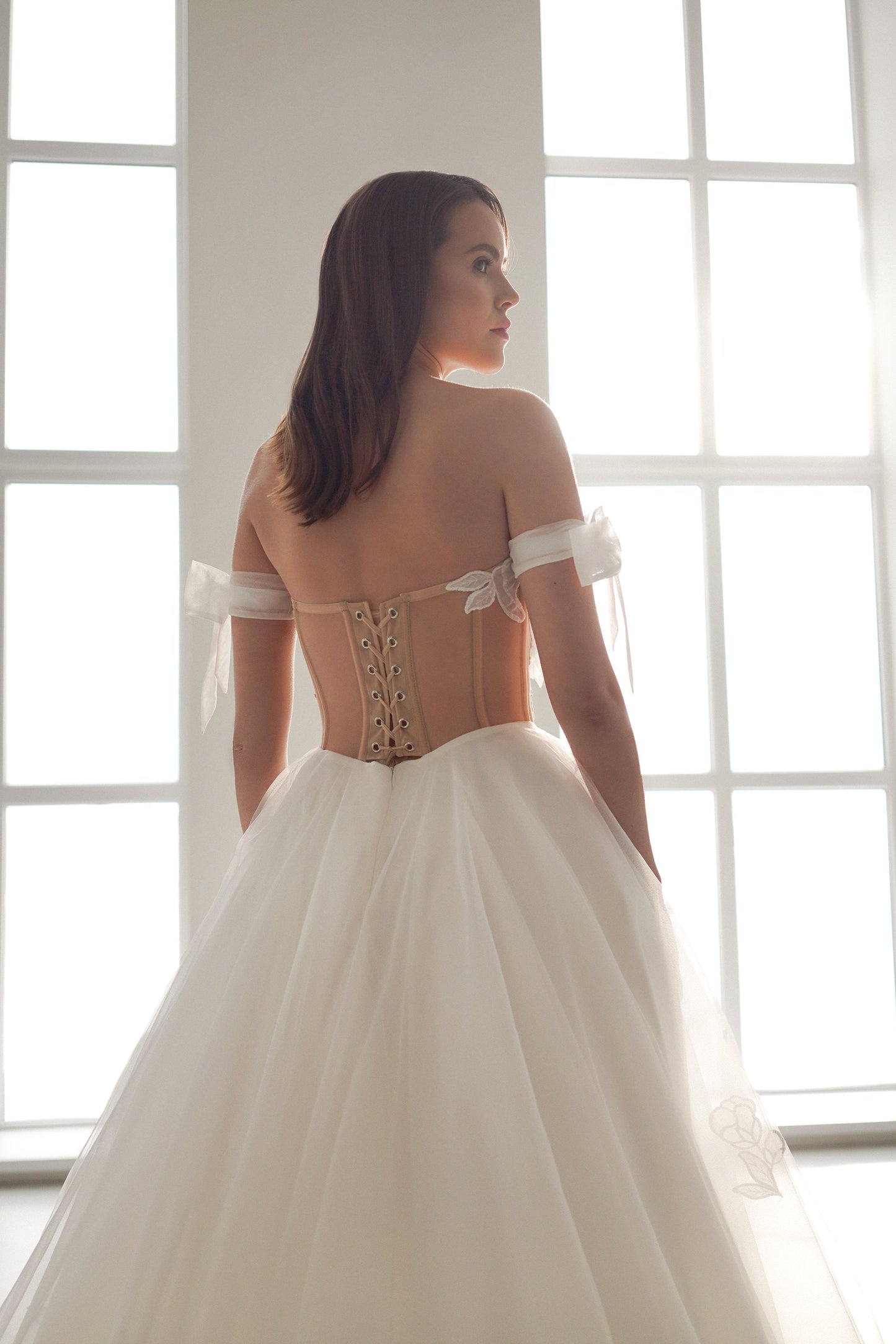 A-line Floral Lace Luxurious Wedding Dress, Drop Waist Corset, Tulle S Tesoro Si NYC A-line Floral Lace Luxurious Wedding Dress, Drop Waist Corset, Tulle S Tesoro Si NYC