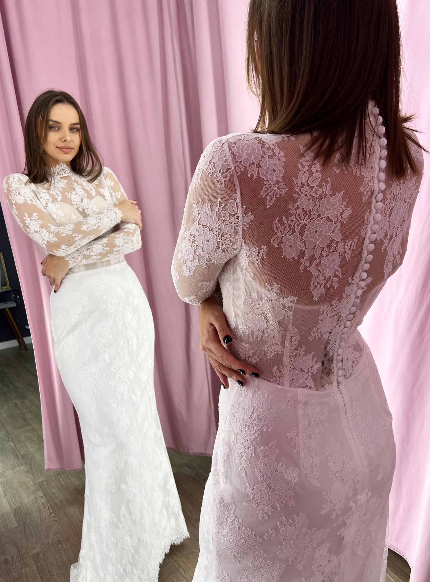 Elegant All Lace Mermaid Wedding Dress with Long Satin Overskirt, Long Lace Sleeves Sheath Wedding Dress, Romantic Delicate Wedding Dress