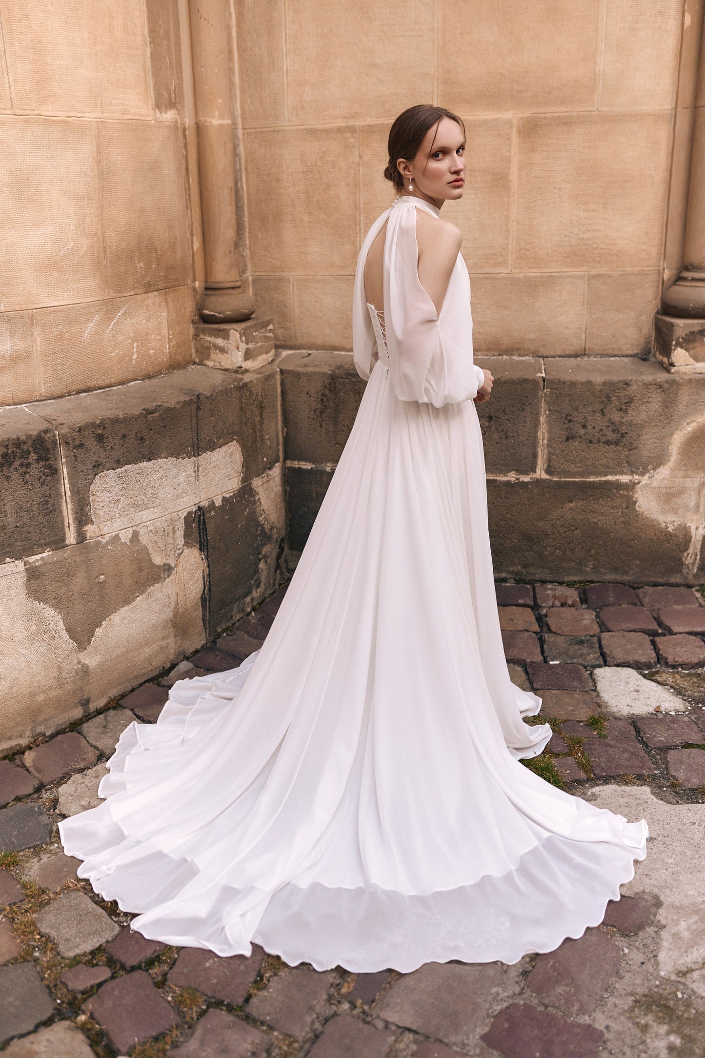 A-line Elegant Wedding Dress, Long Train, Plunging Neckline Wedding Dr Tesoro Si NYC A-line Elegant Wedding Dress, Long Train, Plunging Neckline Wedding Dr Tesoro Si NYC