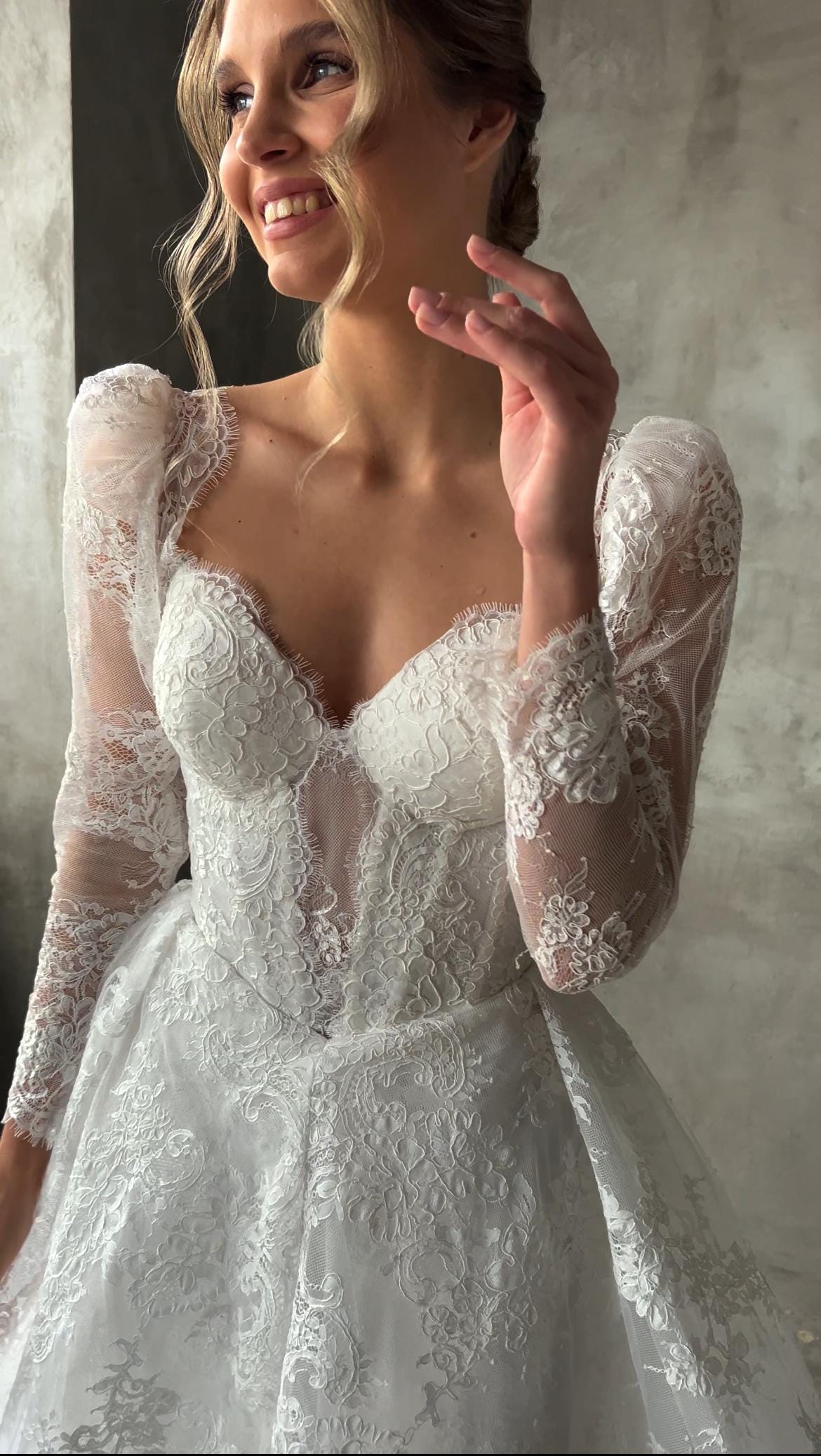 Lace A- Line Wedding Gown, Sweetheart Lace Corset Wedding Dress, Dramatic Long Lace Sleeves Bridal, Chantilly Lace Drop Waist Bridal Gown