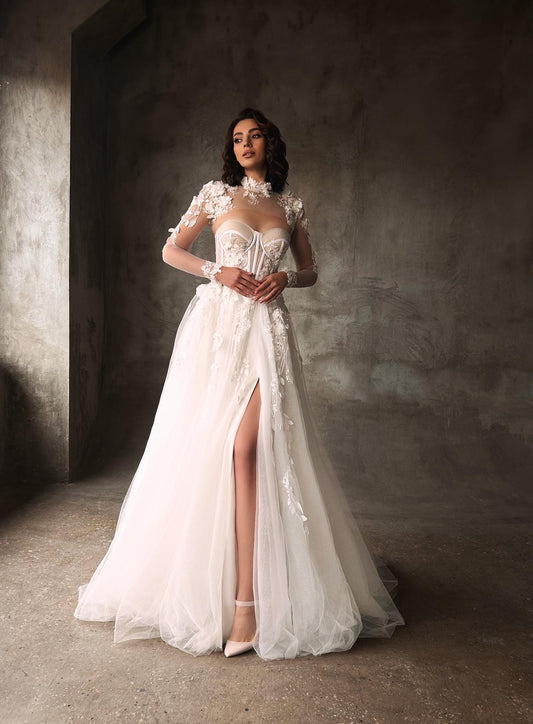 Ethereal A-line Floral Bridal Gown with Luxurious Train, Hand-Embroidered Bodice, Off-Shoulder Elegant Wedding Gown, Romantic Wedding Dress