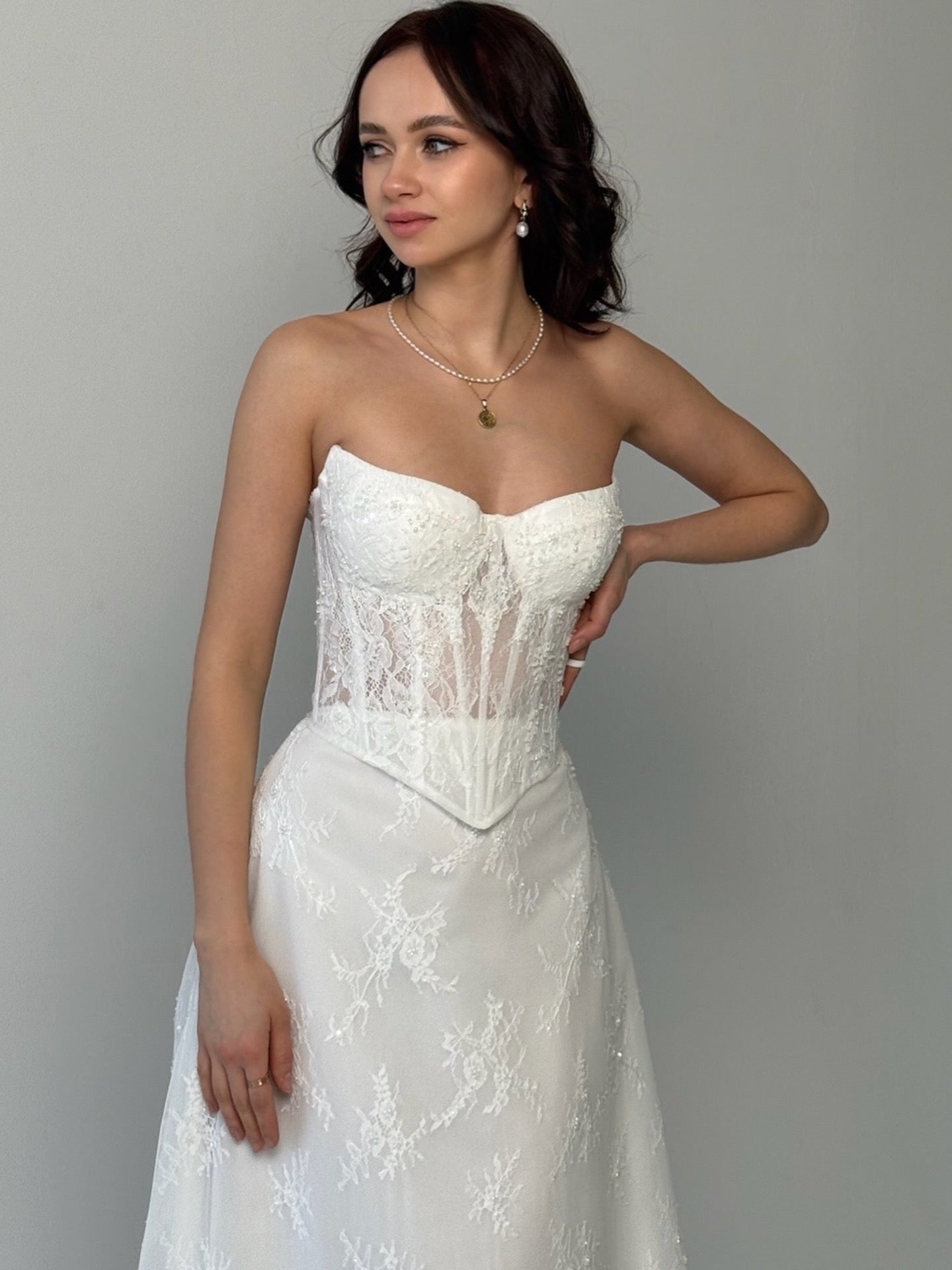 Delicate Lace Corset Bridal Gown, Chic Bridal Set, Basque Lace Corset Wedding Set