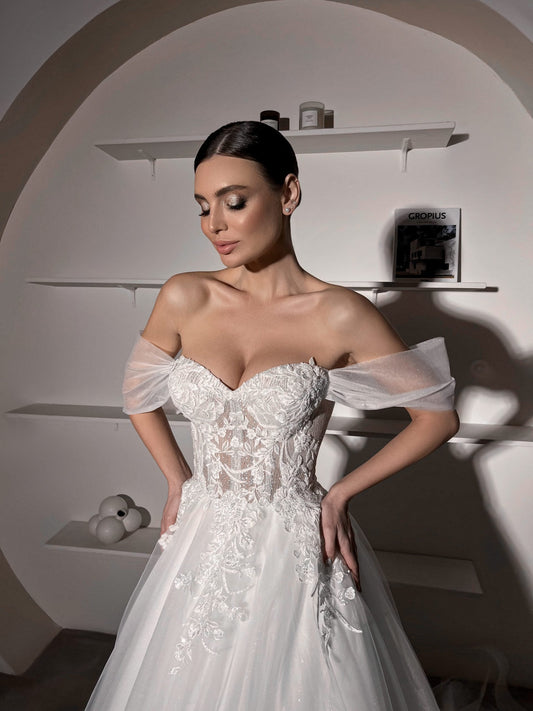 Wedding A-Line Light Enchanted Off-Shoulder Tulle Bridal Gown with Floral Embellishments and Sheer Overlay, Lace corset