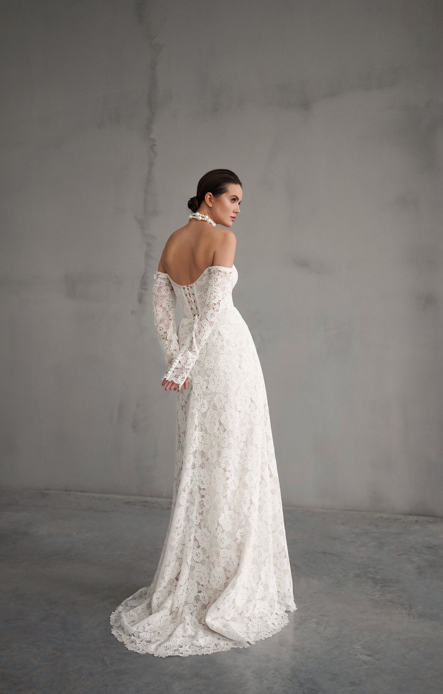 Exquisite Lace Mermaid Wedding Gown, Sweetheart Lace Corset Wedding Dress, Off Shoulder Floral Lace Wedding Dress, Long Lace Sleeves Bridal