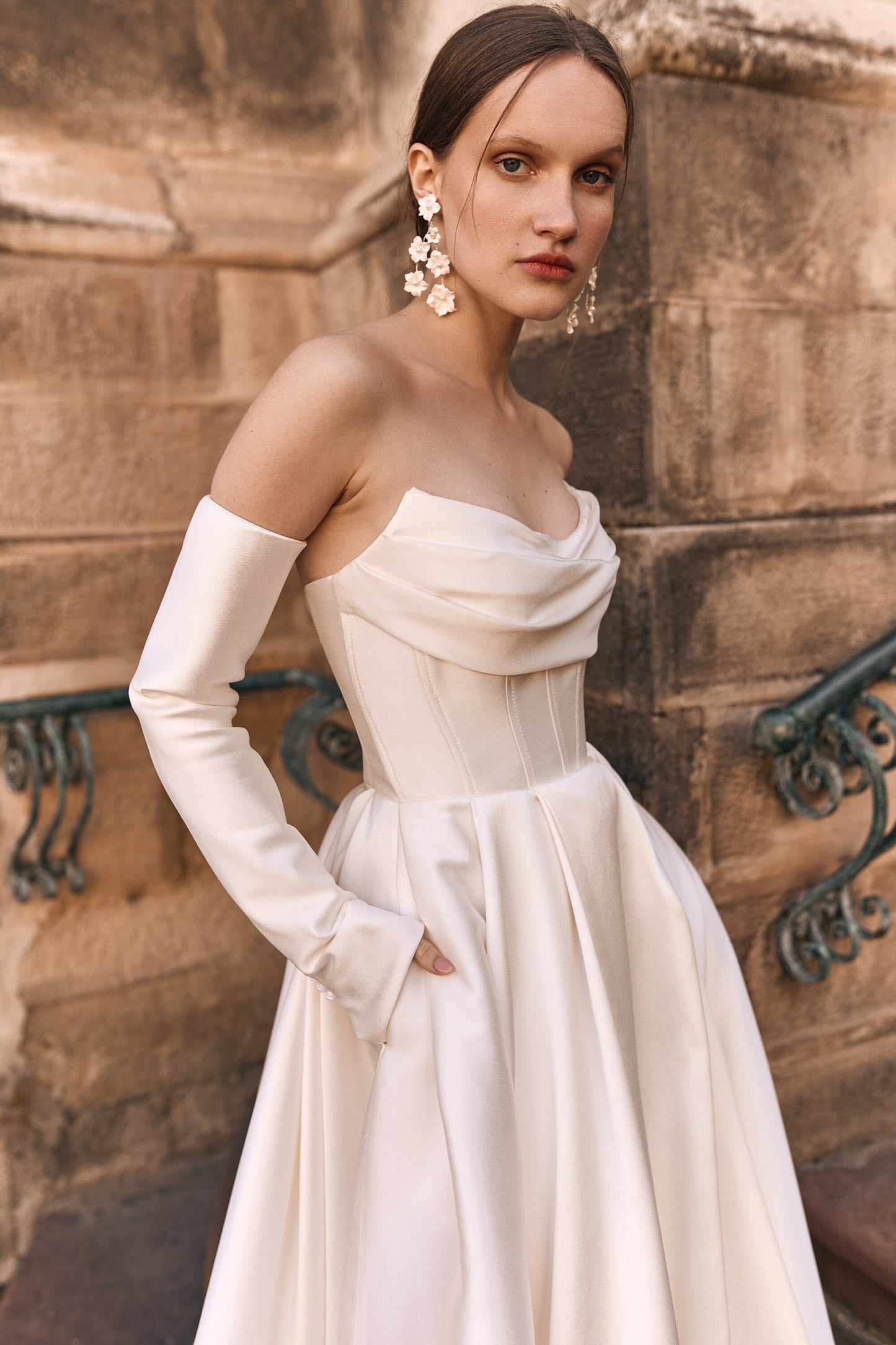 A-line Elegant Wedding Dress, Modern Satin Bridal Gown with Long Train, Luxury Wedding Dress, Detachable Long Sleeves and Draped Corset