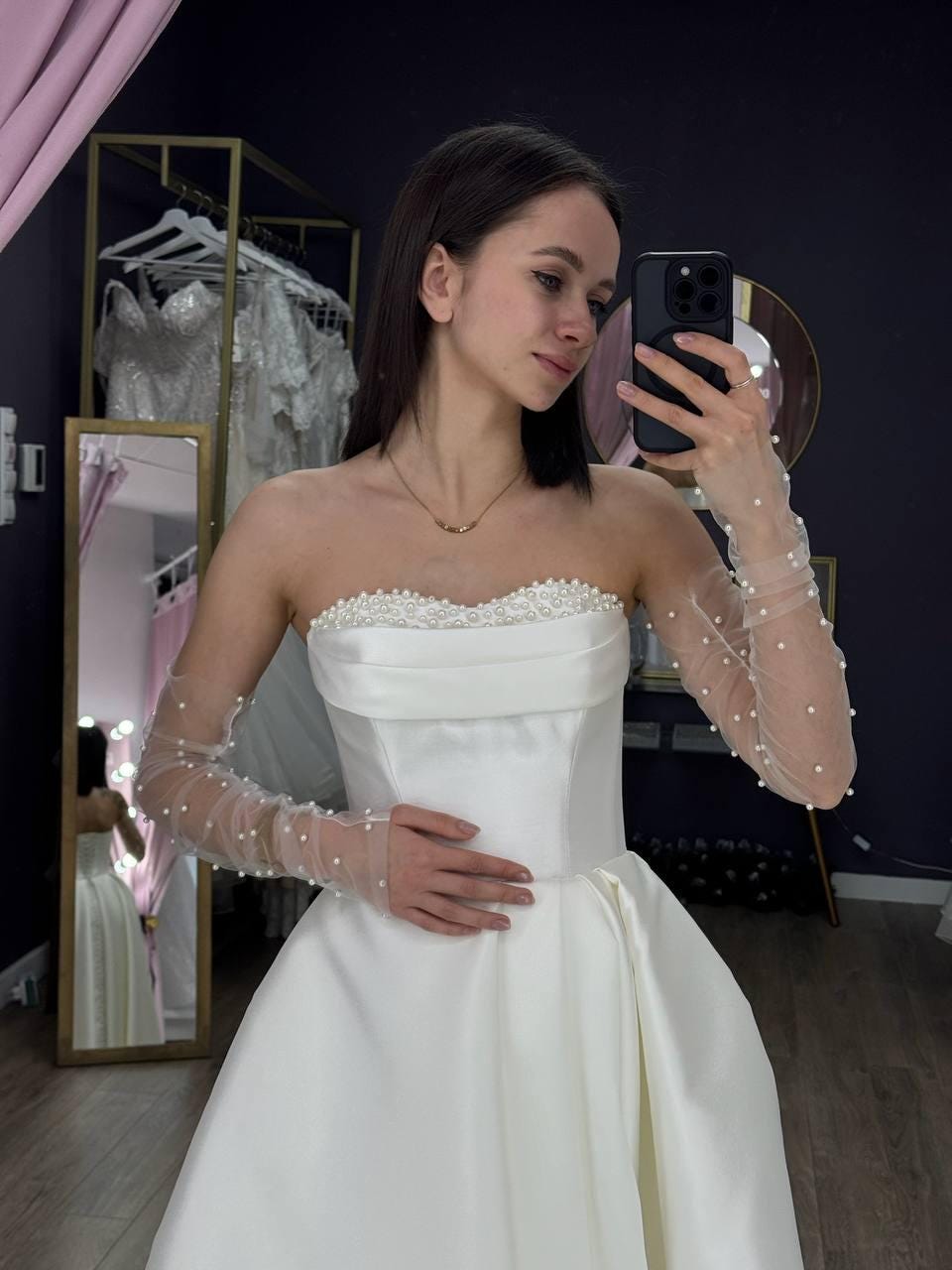 Elegant Off Shoulder Wedding Dress, Satin Wedding Dress, A-Line Bridal Gown, Minimalist Simple Wedding Dress, Bracelet Sleeves Wedding Dress