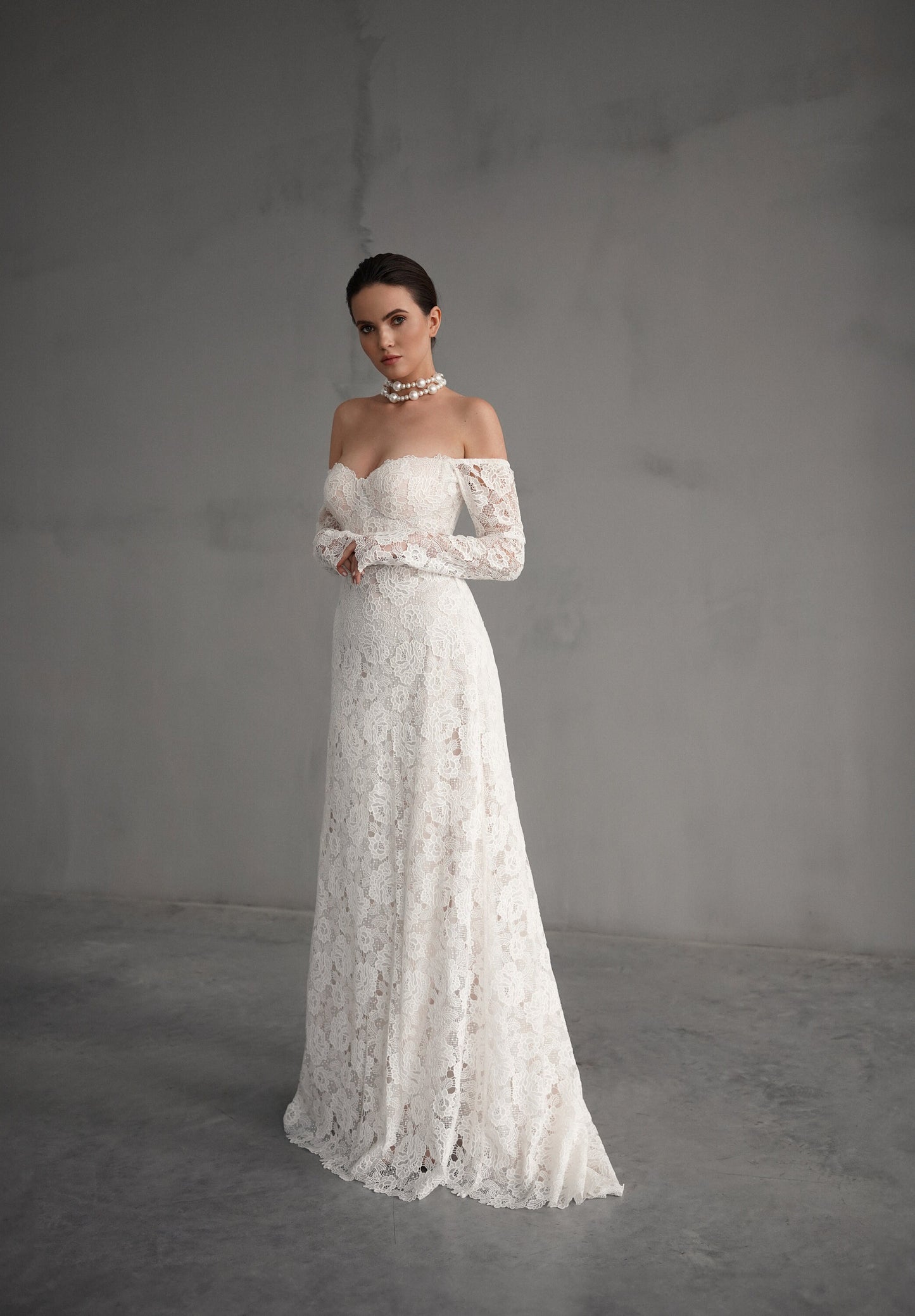 Exquisite Lace Mermaid Wedding Gown, Sweetheart Lace Corset Wedding Dress, Off Shoulder Floral Lace Wedding Dress, Long Lace Sleeves Bridal