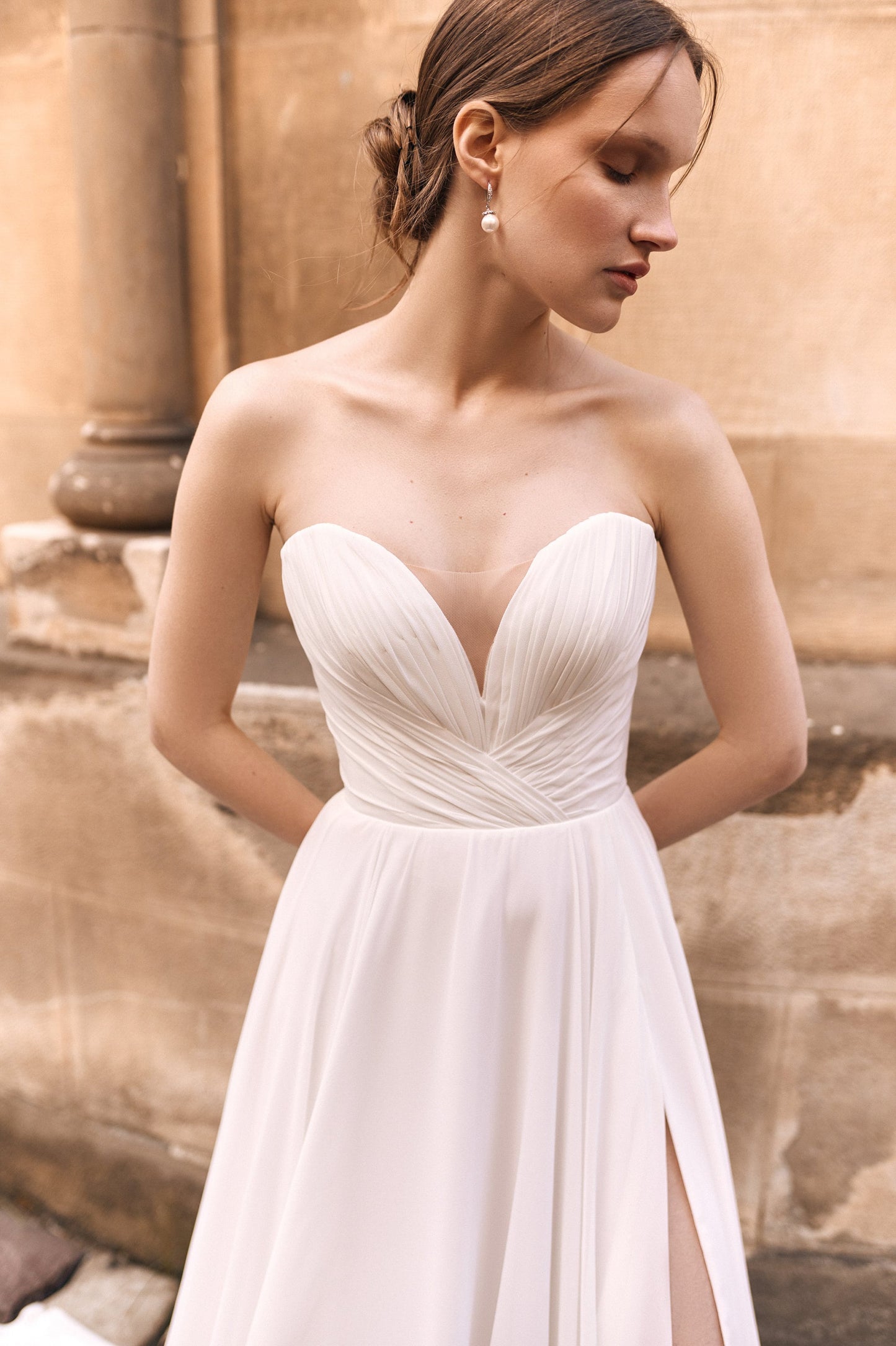 A-line Elegant Wedding Dress, Long Train, Plunging Neckline Wedding Dr Tesoro Si NYC A-line Elegant Wedding Dress, Long Train, Plunging Neckline Wedding Dr Tesoro Si NYC