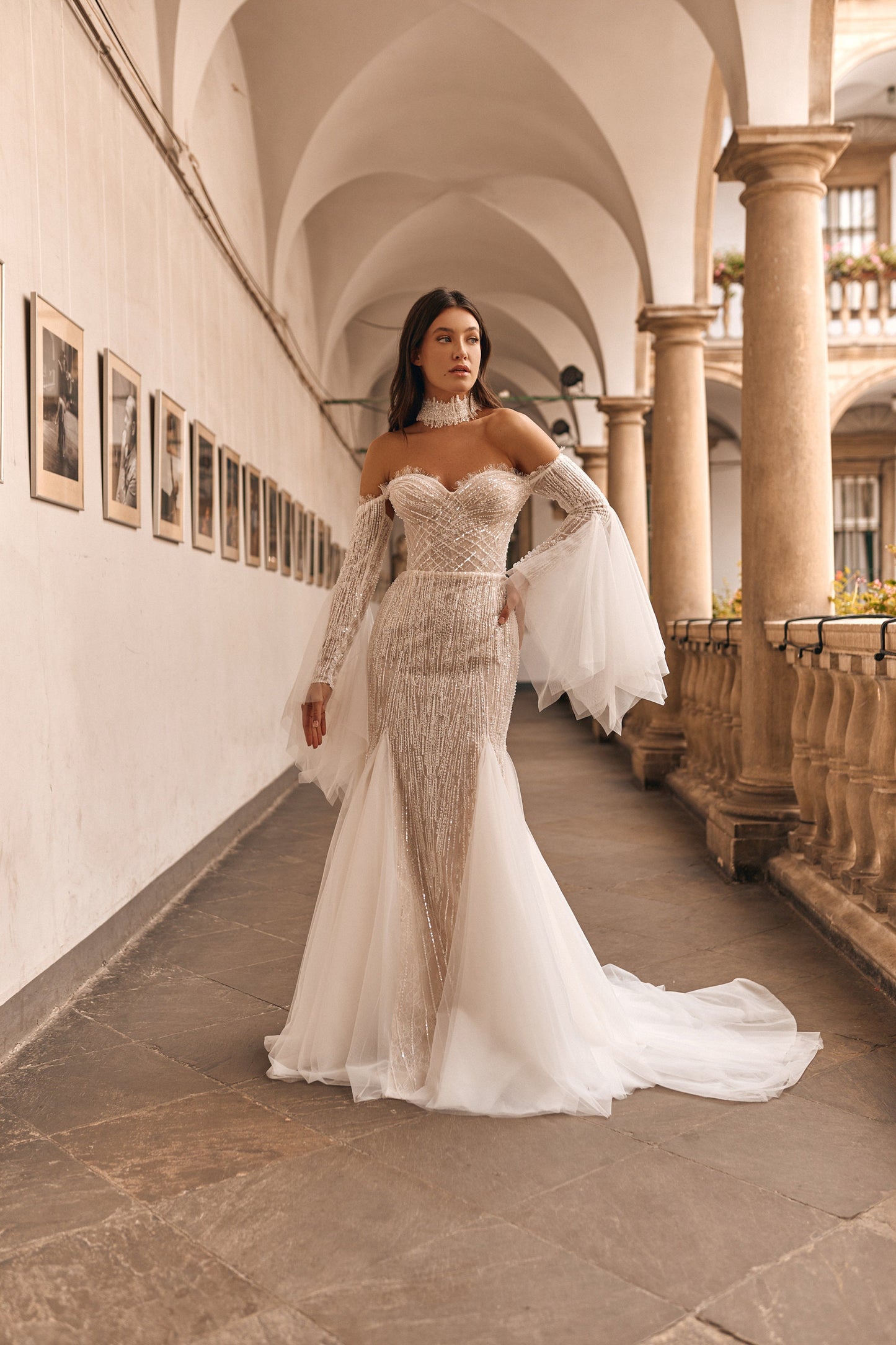 Luxury Mermaid Shimmering Wedding Dress, Strapless Beaded Bridal Gown, Ethereal Off-Shoulder Long Sleeve Wedding Dress with Modern Train