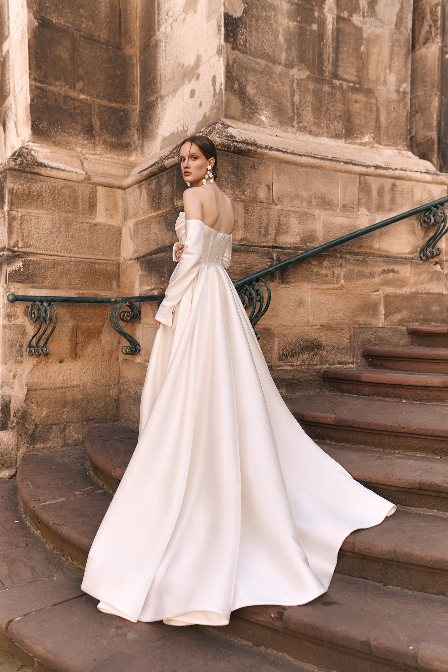 A-line Elegant Wedding Dress, Modern Satin Bridal Gown with Long Train, Luxury Wedding Dress, Detachable Long Sleeves and Draped Corset