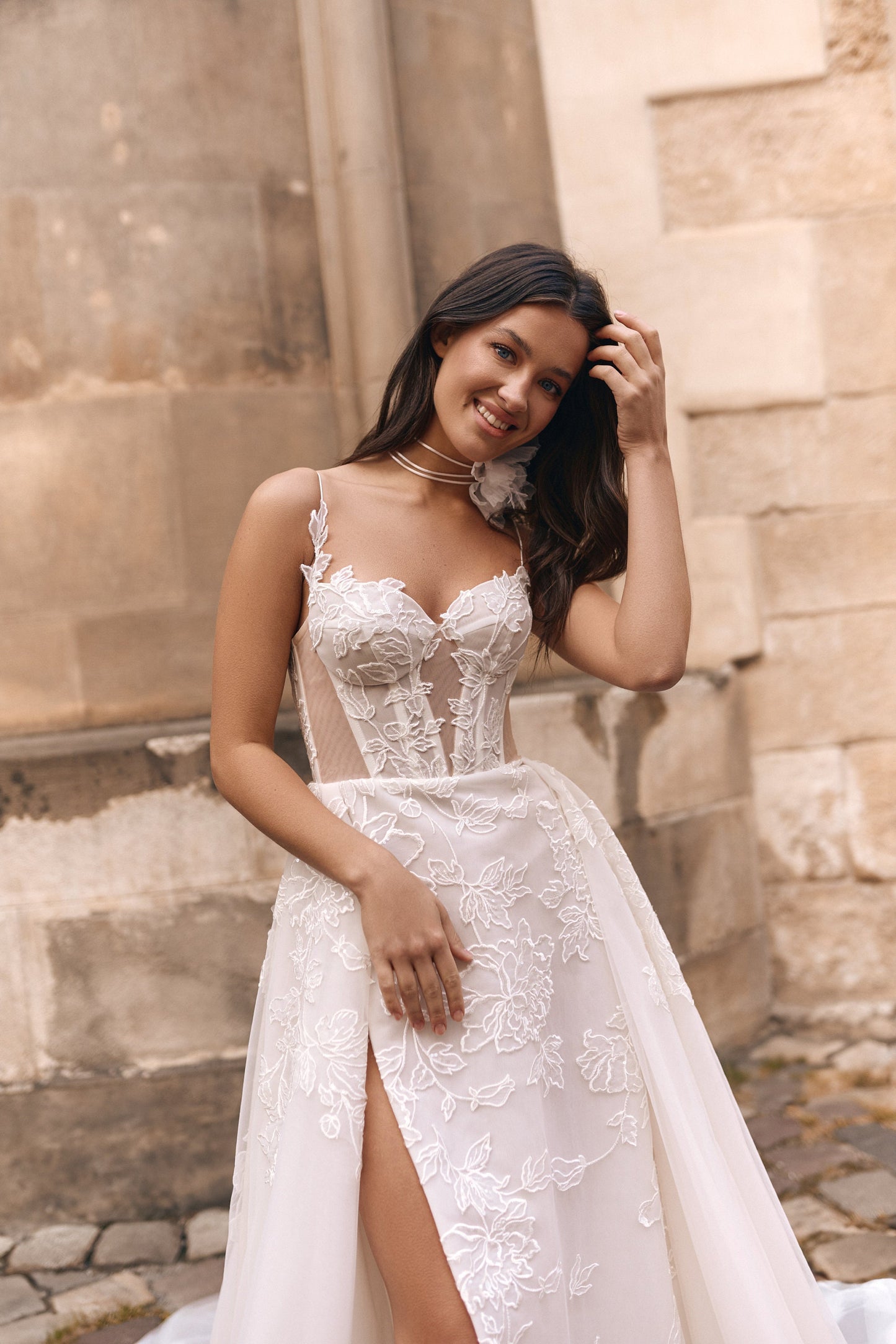 Royal A-Line Wedding Dress with Floral Lace Appliques, Floral Wedding Dress with Straps, Embroidered Corset Tulle Bridal Gown with Open Leg