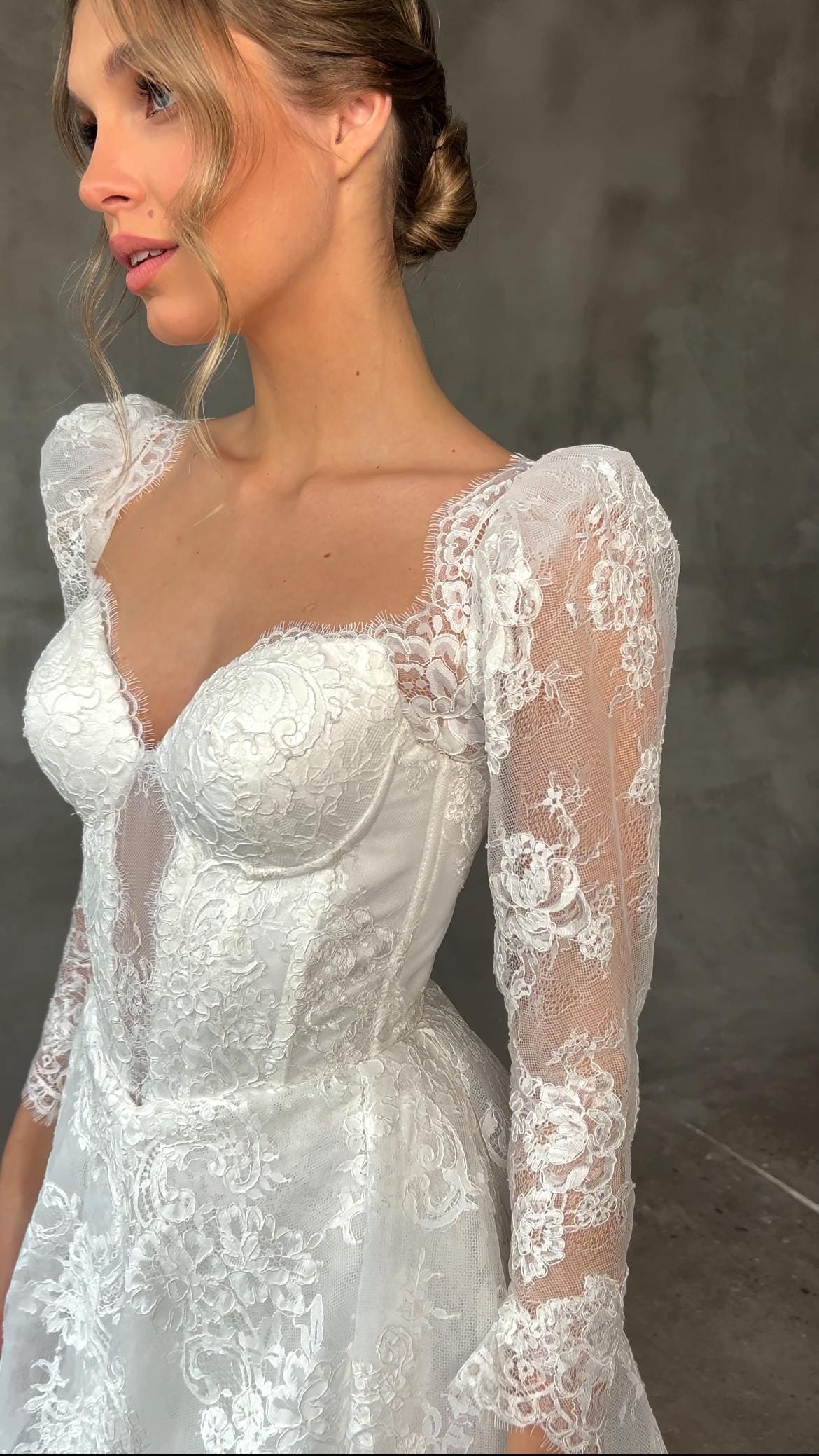 Lace A- Line Wedding Gown, Sweetheart Lace Corset Wedding Dress, Dramatic Long Lace Sleeves Bridal, Chantilly Lace Drop Waist Bridal Gown