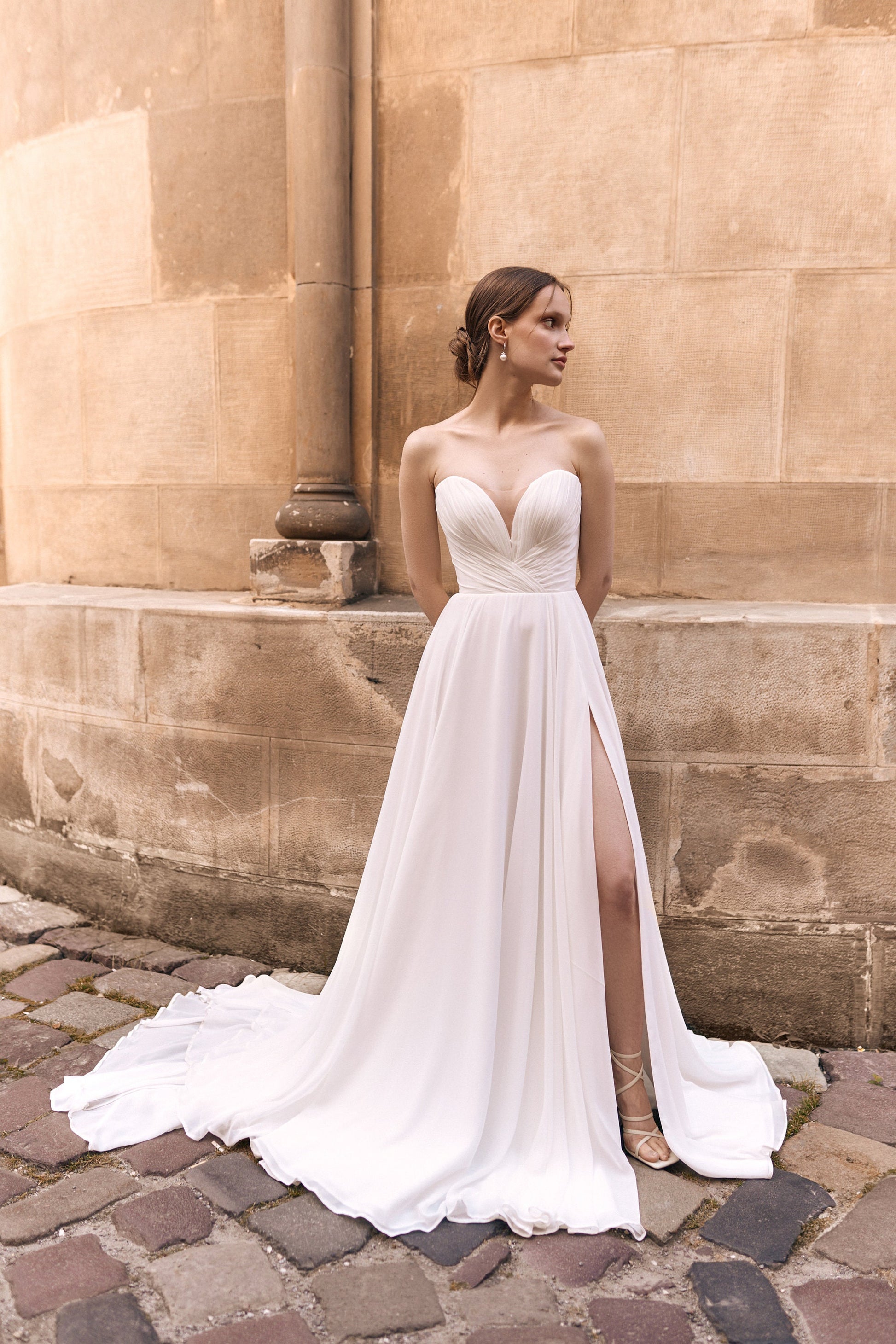 A-line Elegant Wedding Dress, Long Train, Plunging Neckline Wedding Dr Tesoro Si NYC A-line Elegant Wedding Dress, Long Train, Plunging Neckline Wedding Dr Tesoro Si NYC