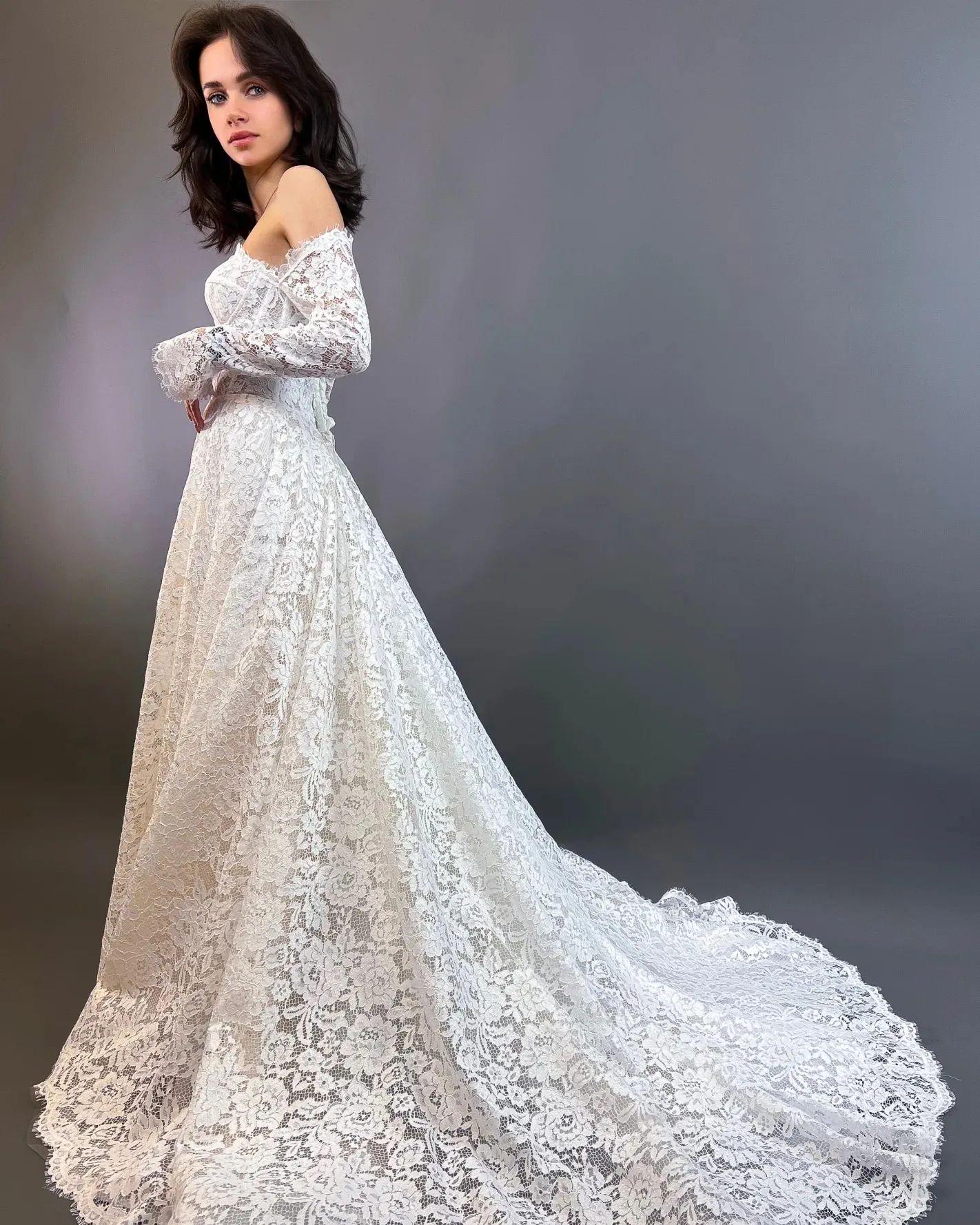 Off the Shoulder Lace A-Line Wedding Dress, All Floral Lace Wedding Dress, Fairytale Romantic Bridal Lace Gown, Long Lace Sleeves Bridal