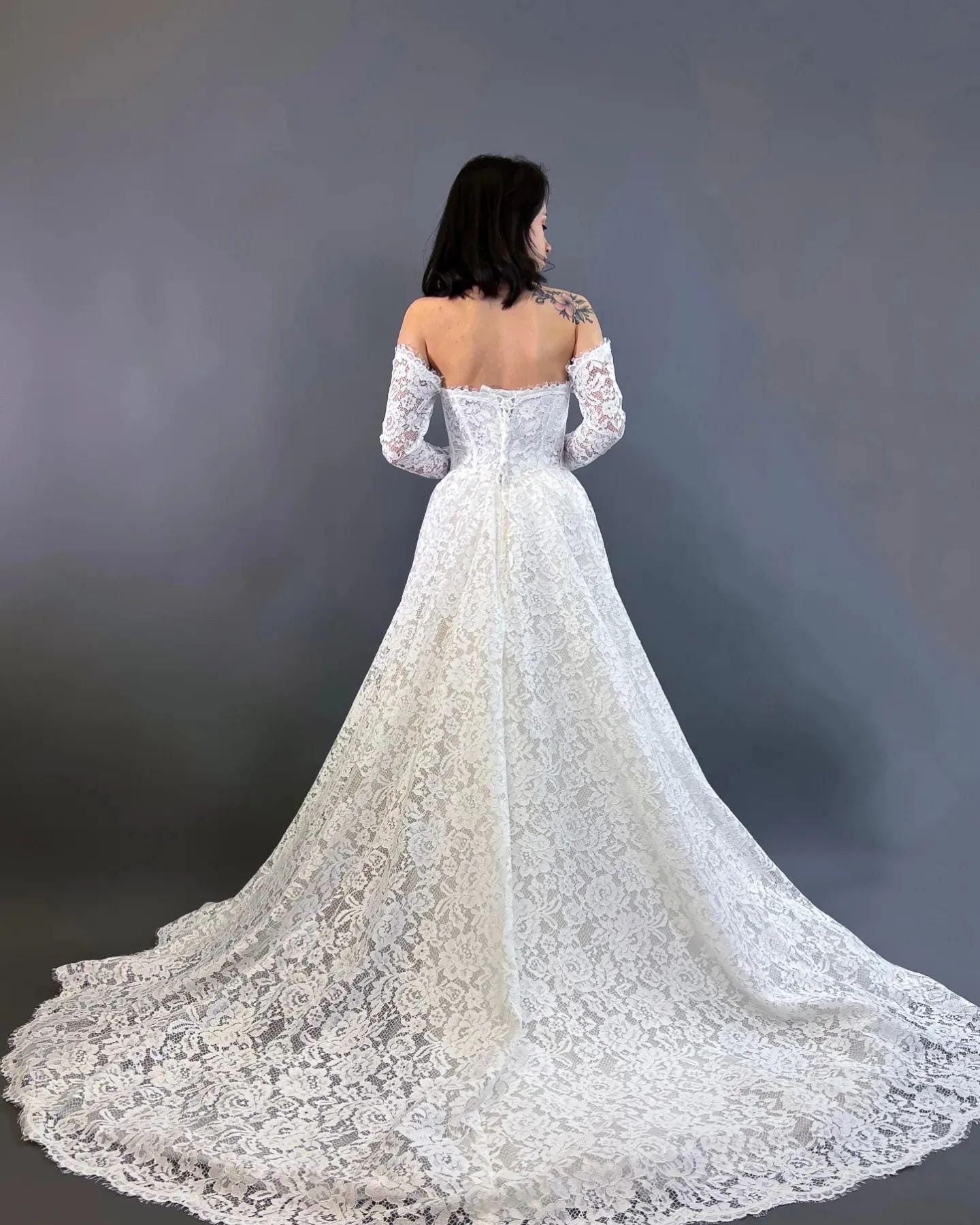 Off the Shoulder Lace A-Line Wedding Dress, All Floral Lace Wedding Dress, Fairytale Romantic Bridal Lace Gown, Long Lace Sleeves Bridal