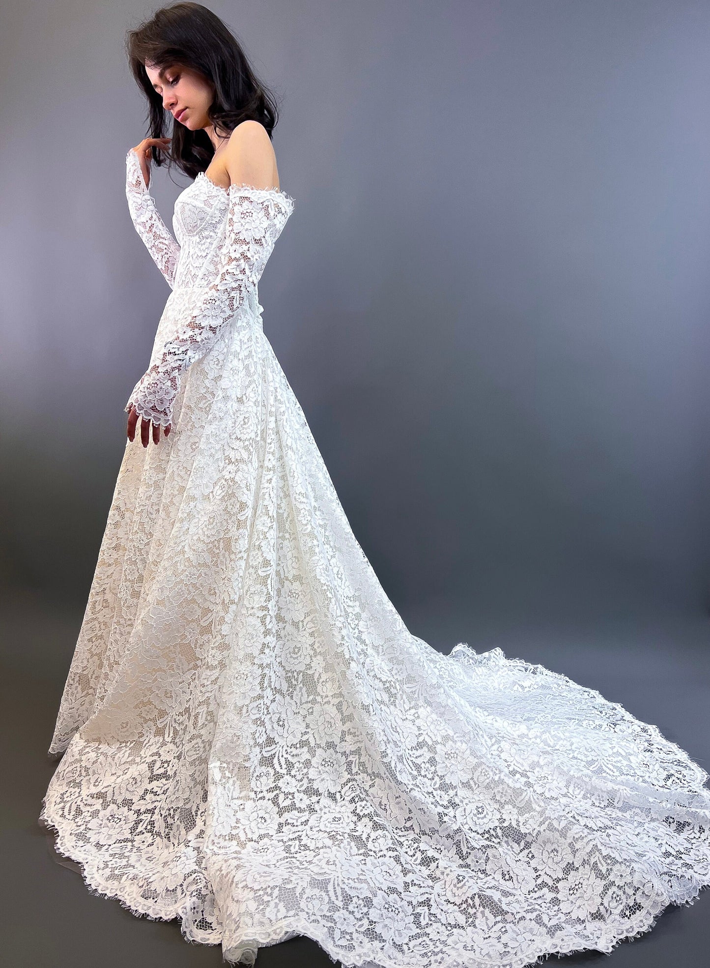 Off the Shoulder Lace A-Line Wedding Dress, All Floral Lace Wedding Dress, Fairytale Romantic Bridal Lace Gown, Long Lace Sleeves Bridal