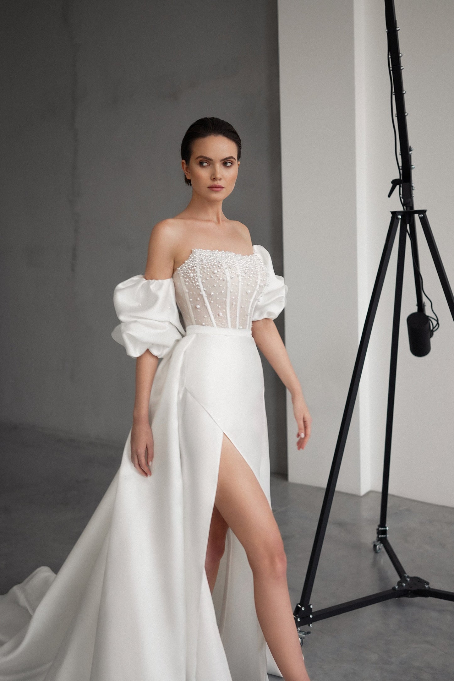 Pearl Beaded Bridal Gown, Removable Puffy Sleeves, Leg Slit Modern Elegant Wedding Gown, Elopement Dress