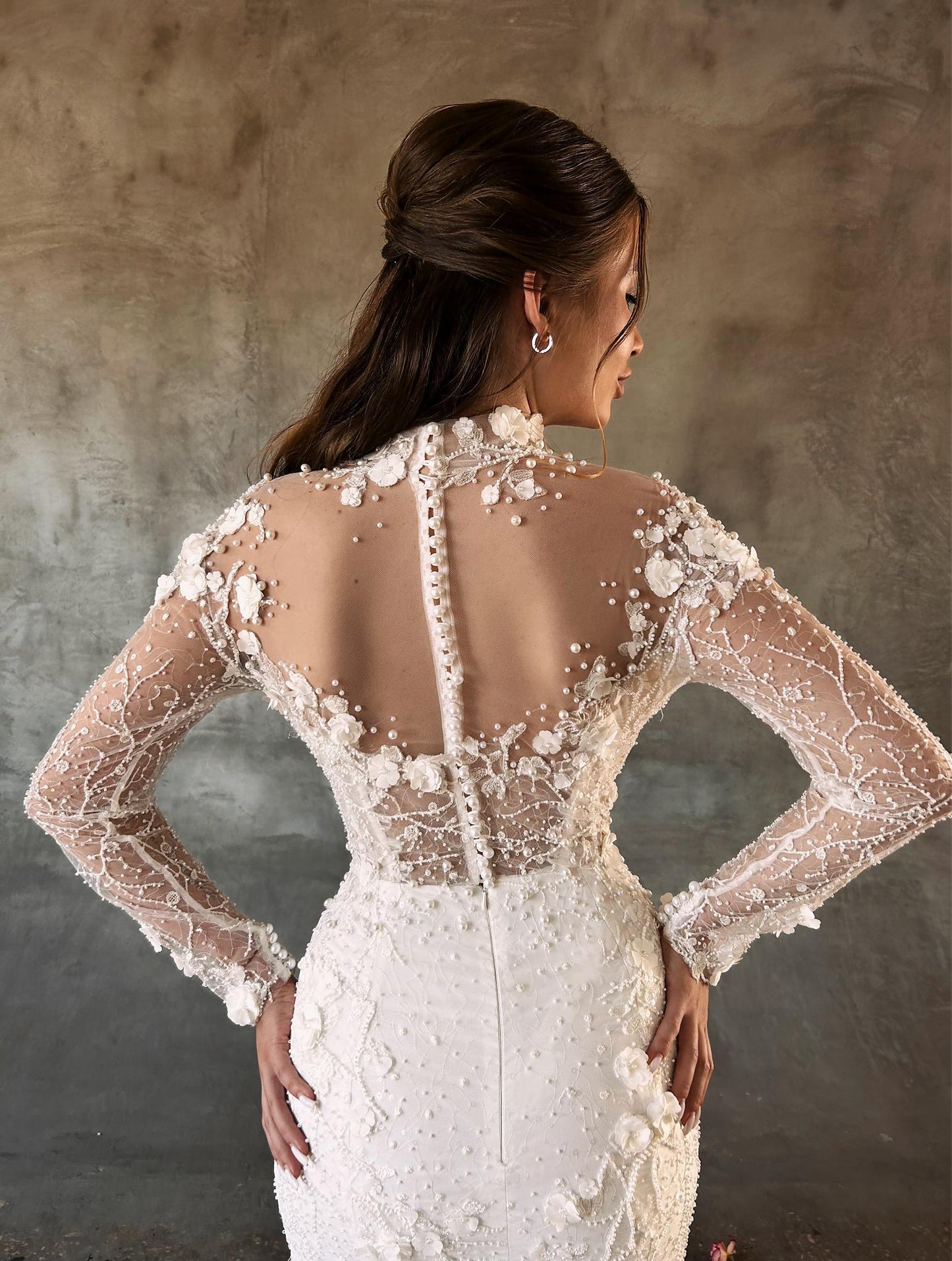 Lace Open Back Mermaid Floral Wedding Gown, Sweetheart Lace Corset Wedding Dress, Drop Waist Long Lace Sleeves Bridal Gown