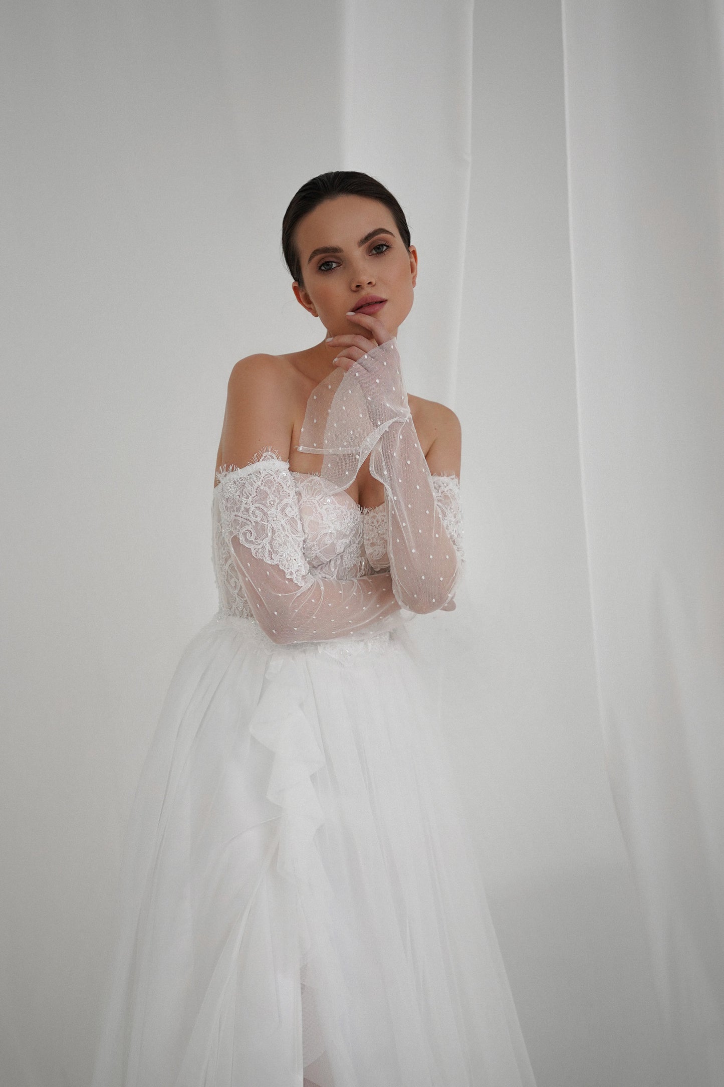 Off Shoulder Lace A-Line Wedding Dress, Tulle Leg Slit Skirt Wedding Dress, Fairytale Romantic Bridal Lace Gown, Long Lace Sleeves Bridal