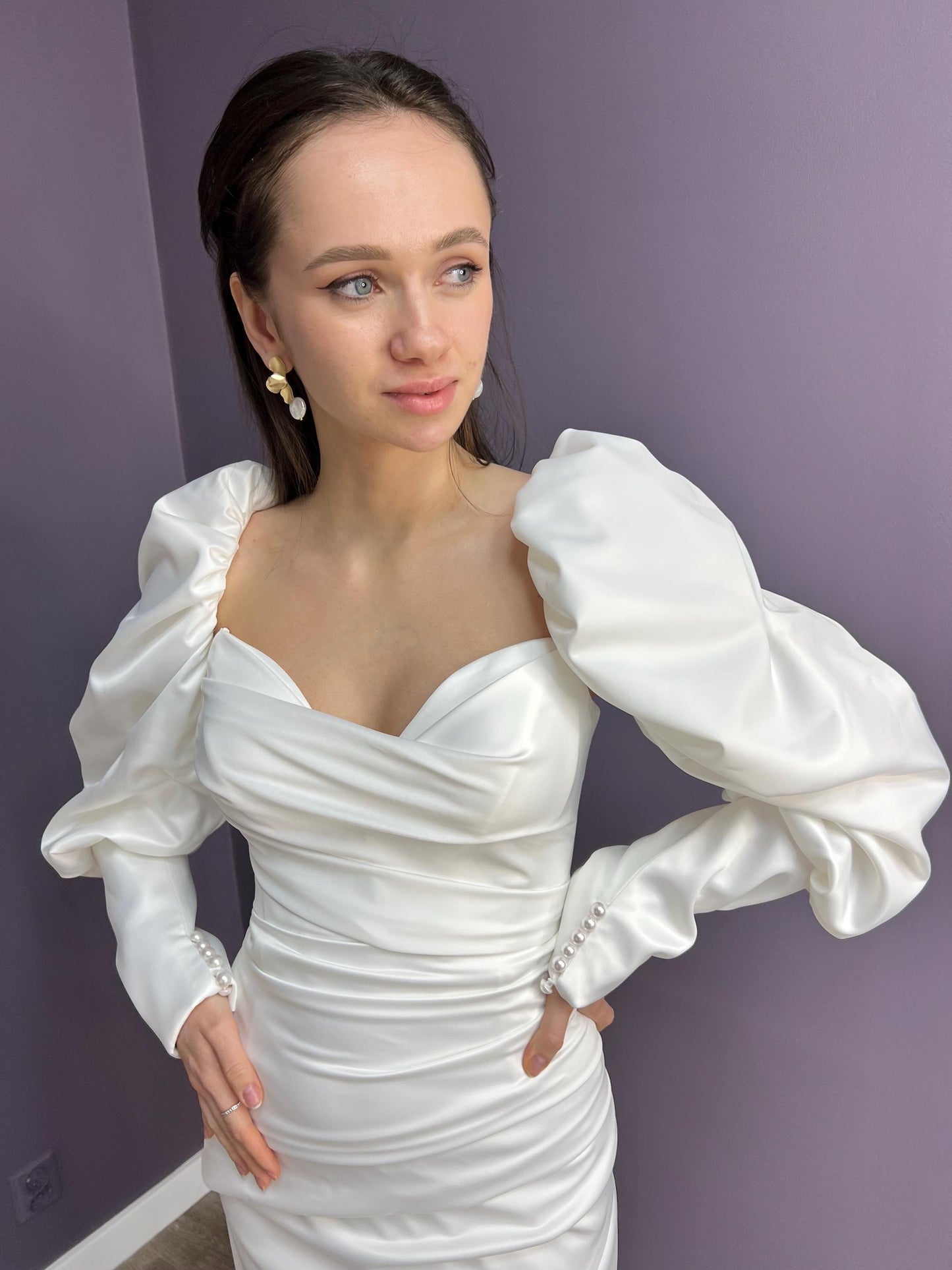 Elegant Classic Satin Wedding Dress with Long Train, Modern Satin Strapless Off Shoulder Bridal Gown, Leg Slit and Detachable Long Sleeves