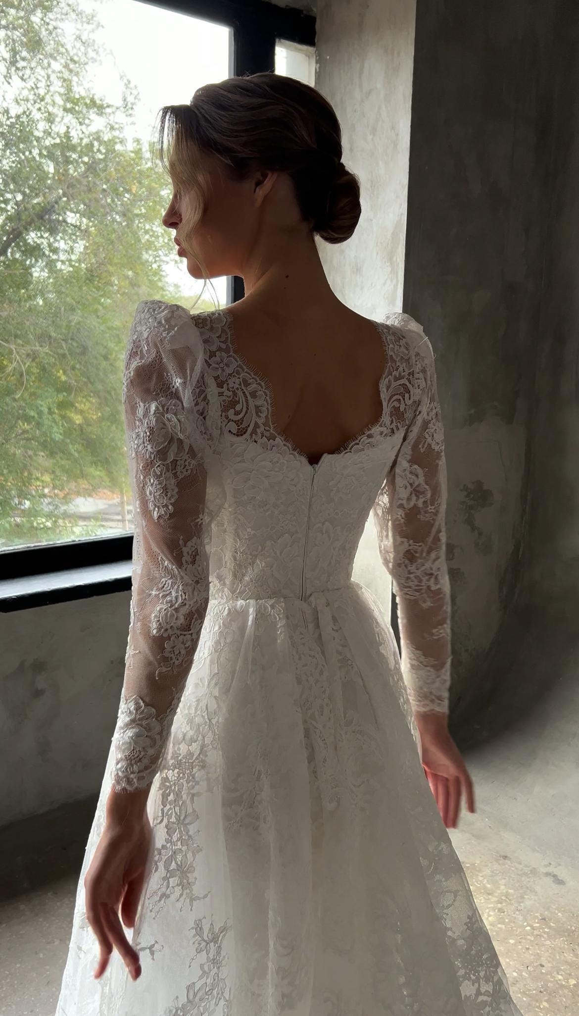 Lace A- Line Wedding Gown, Sweetheart Lace Corset Wedding Dress, Dramatic Long Lace Sleeves Bridal, Chantilly Lace Drop Waist Bridal Gown