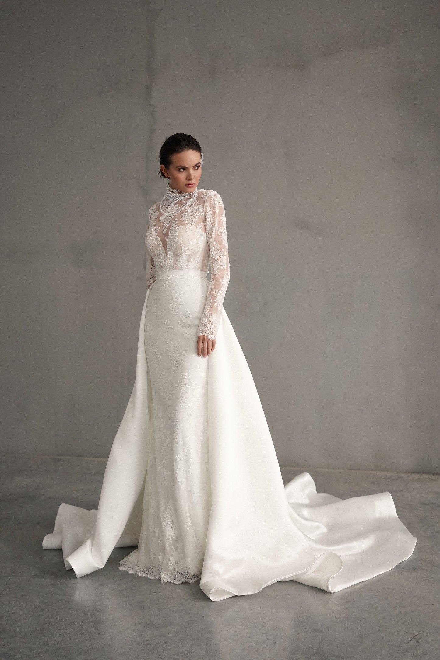 Elegant All Lace Mermaid Wedding Dress with Long Satin Overskirt, Long Lace Sleeves Sheath Wedding Dress, Romantic Delicate Wedding Dress