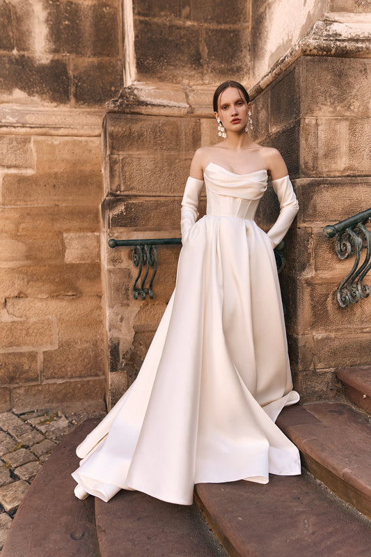 A-line Elegant Wedding Dress, Modern Satin Bridal Gown with Long Train, Luxury Wedding Dress, Detachable Long Sleeves and Draped Corset