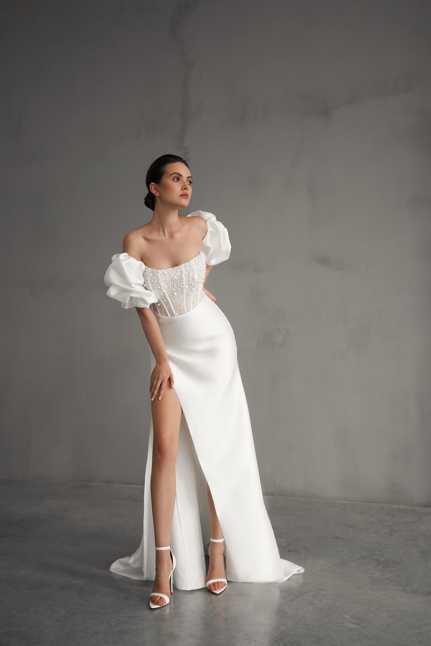 Pearl Beaded Bridal Gown, Removable Puffy Sleeves, Leg Slit Modern Elegant Wedding Gown, Elopement Dress