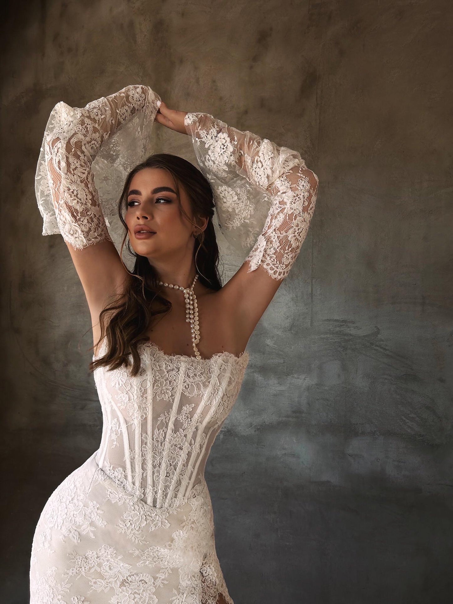 Lace Mermaid Wedding Gown, Sweetheart Lace Boned Corset Wedding Dress, Off Shoulder Floral Lace Wedding Dress, Long Lace Sleeves Bridal Gown