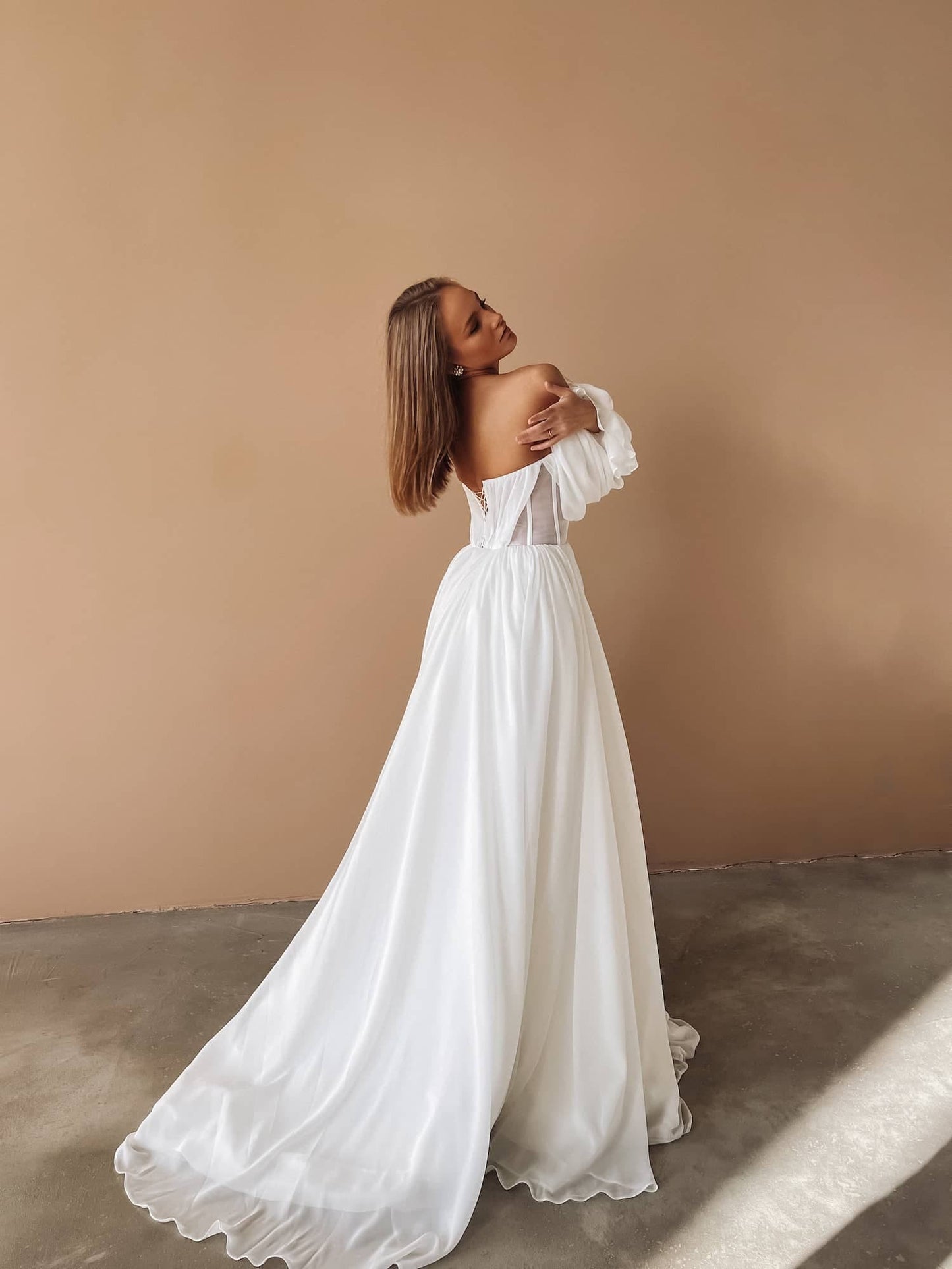 A-line Boho Light Flowy Wedding Dress, Draped Corset Wedding Dress, Detachable Voluminous Puffy Sleeves Bridal Gown, Beach Wedding Dress