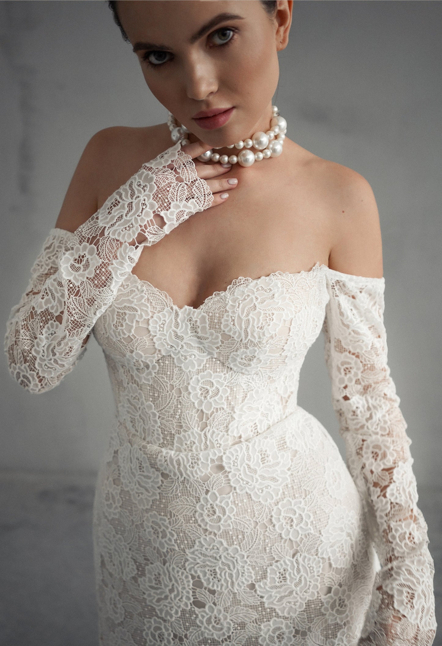 Exquisite Lace Mermaid Wedding Gown, Sweetheart Lace Corset Wedding Dress, Off Shoulder Floral Lace Wedding Dress, Long Lace Sleeves Bridal
