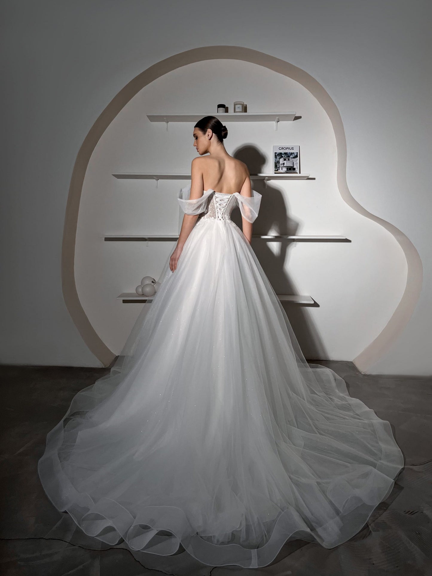 Wedding A-Line Light Enchanted Off-Shoulder Tulle Bridal Gown with Floral Embellishments and Sheer Overlay, Lace corset