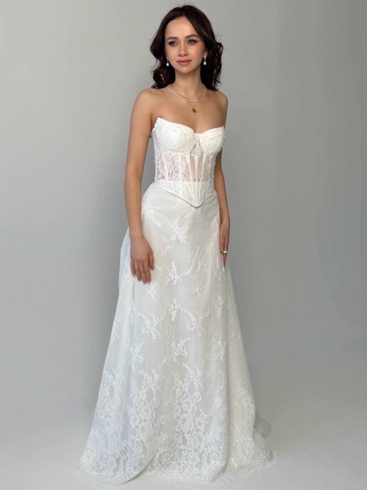 Delicate Lace Corset Bridal Gown, Chic Bridal Set, Basque Lace Corset Wedding Set