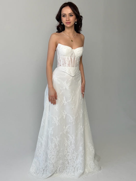 Delicate Lace Corset Bridal Gown, Chic Bridal Set, Basque Lace Corset Wedding Set