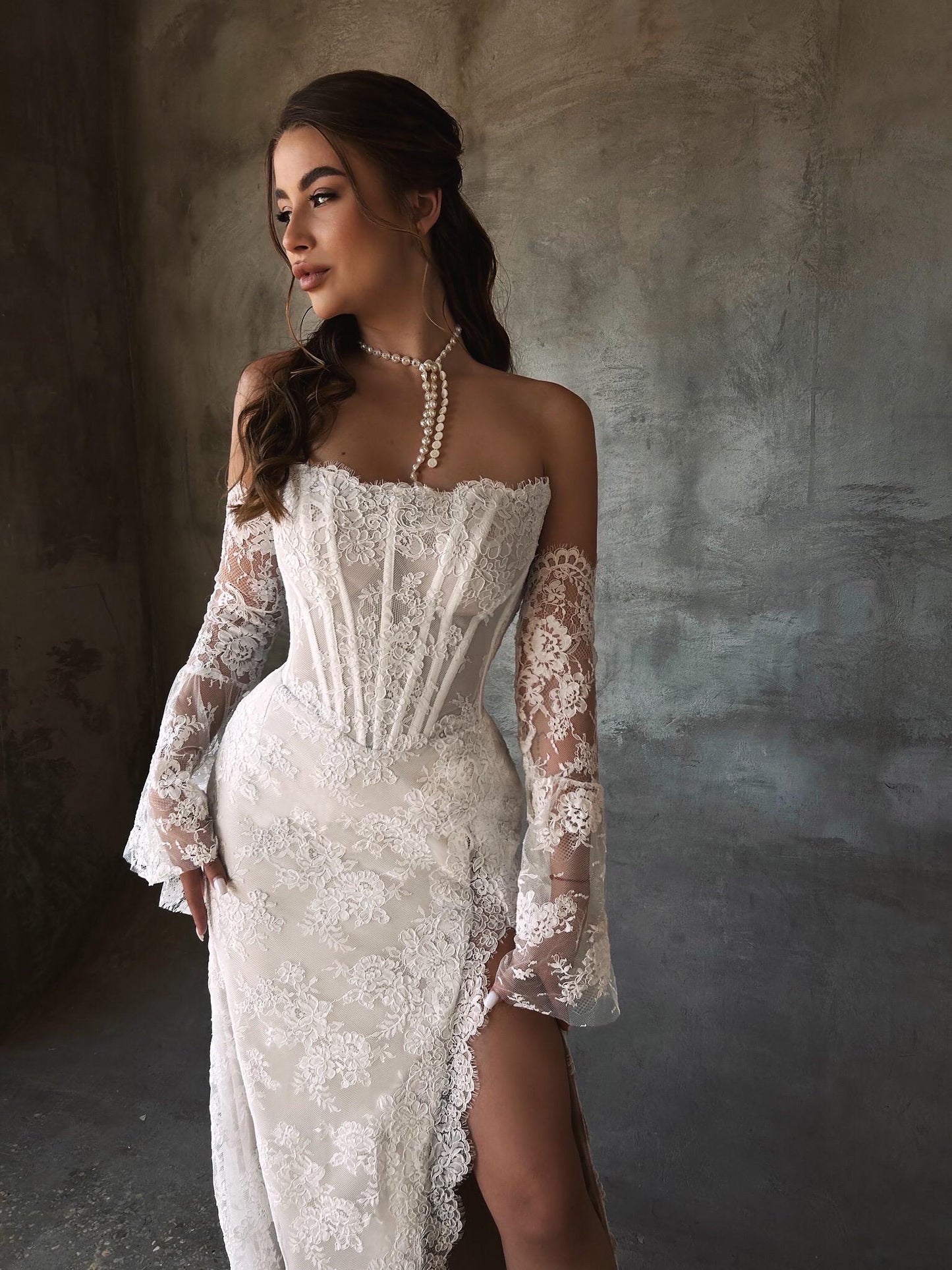 Lace Mermaid Wedding Gown, Sweetheart Lace Boned Corset Wedding Dress, Off Shoulder Floral Lace Wedding Dress, Long Lace Sleeves Bridal Gown