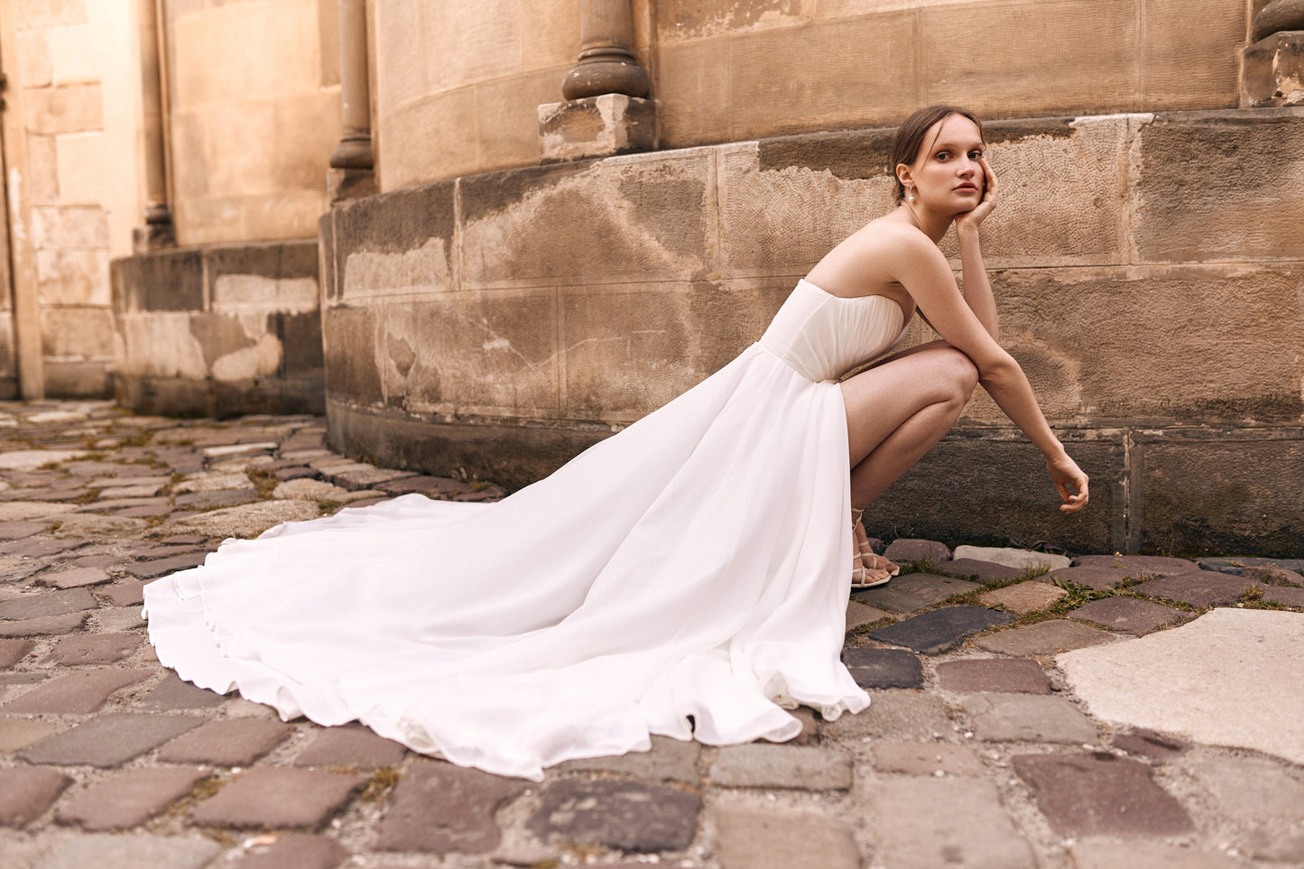 A-line Elegant Wedding Dress, Long Train, Plunging Neckline Wedding Dress, Bohemian Leg Slit Bridal Gown, Draped Corset Tulle Bridal Gown