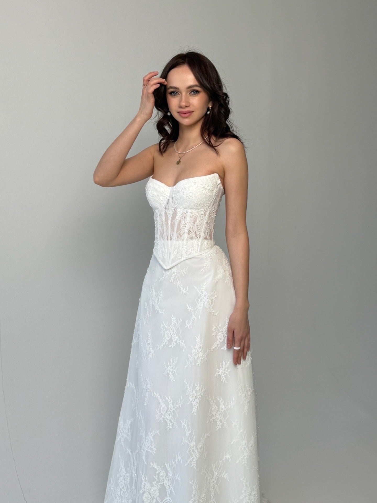 Delicate Lace Corset Bridal Gown, Chic Bridal Set, Basque Lace Corset Wedding Set