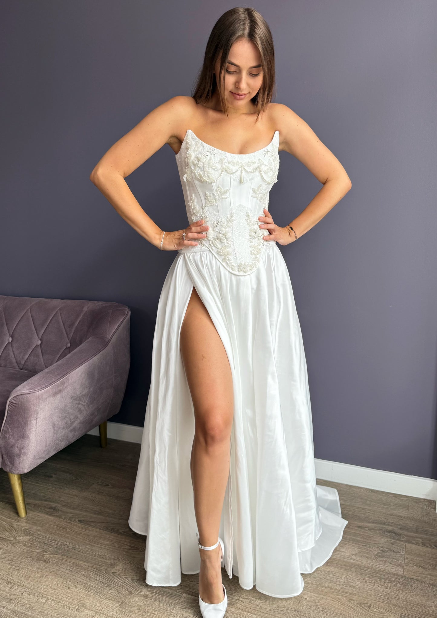 Basque Waist Wedding Corset, Drop Waist Lace Bridal Corset, Two Piece Decorated Wedding Set, Embellished Bridal Corset, Long Skirt